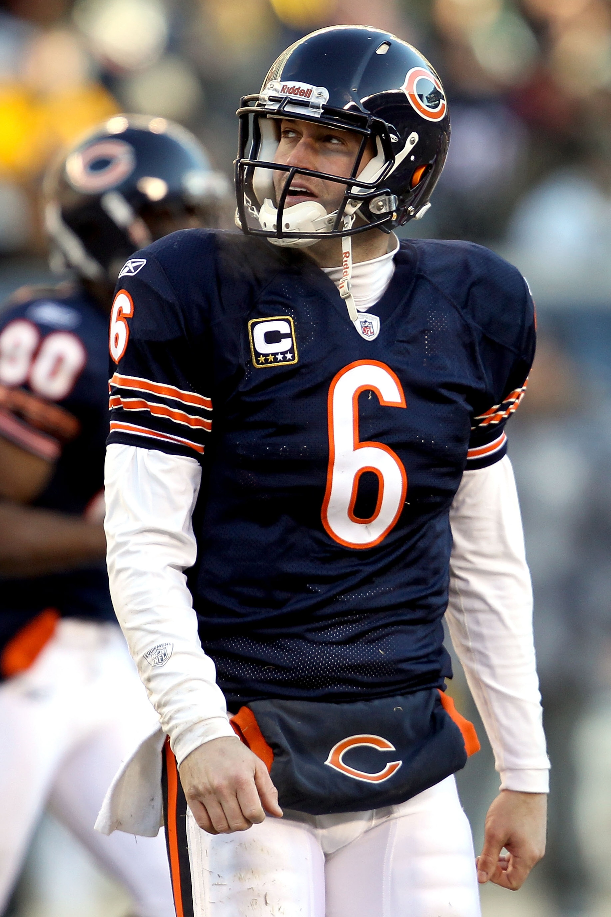 CHICAGO, IL - JANUARY 23: Quarterback Jay Cutler #6 of the Chicago Bears reacts in the second quarter against the Green Bay Packers in the NFC Championship Game at Soldier Field on January 23, 2011 in Chicago, Illinois. (Photo by Jonathan Daniel/Getty I CHICAGO, IL - JANUARY 23: Quarterback Jay Cutler #6 of the Chicago Bears reacts in the second quarter against the Green Bay Packers in the NFC Championship Game at Soldier Field on January 23, 2011 in Chicago, Illinois. (Photo by Jonathan Daniel/Getty I