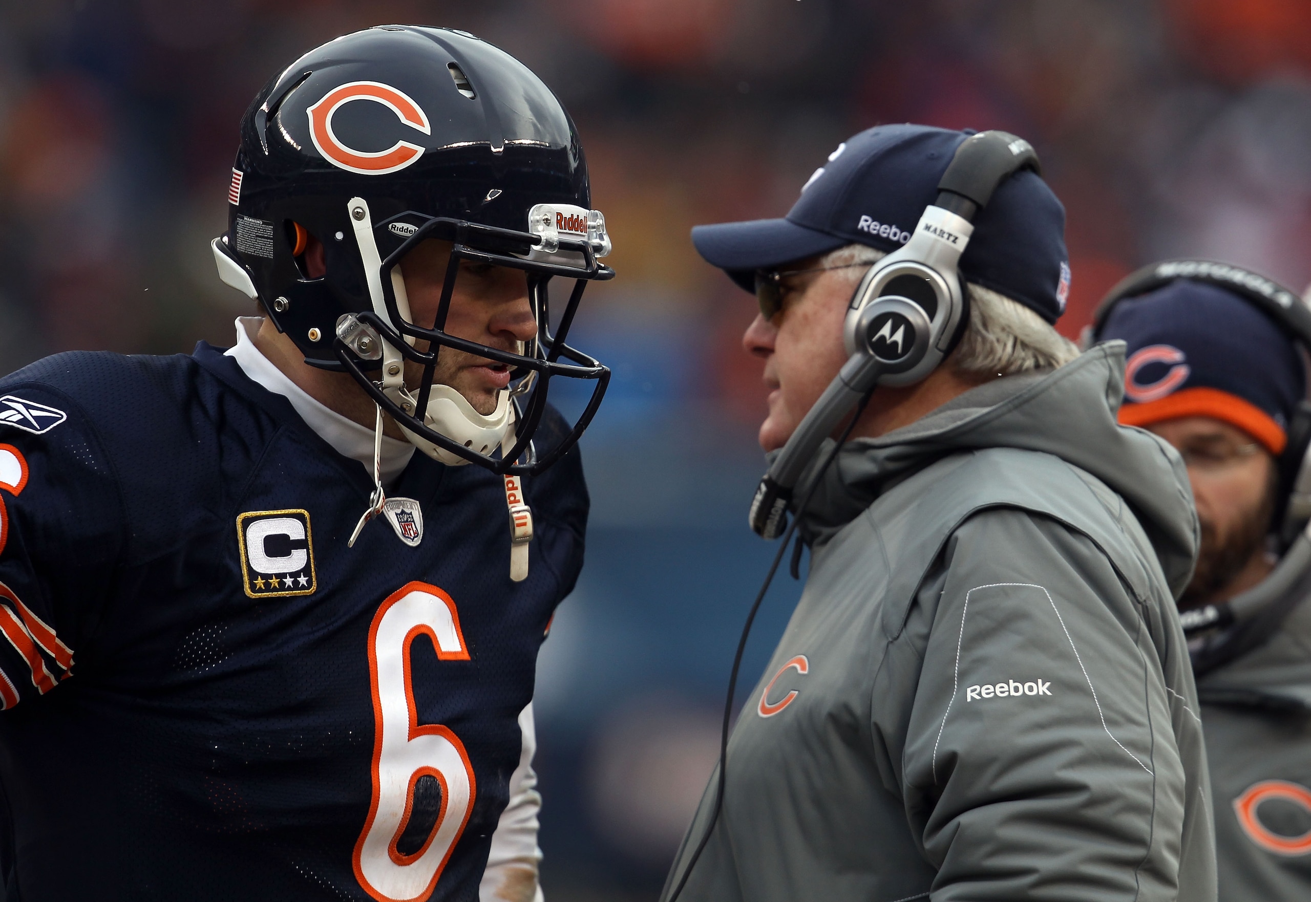 CHICAGO, IL - JANUARY 16: Quarterback Jay Cutler #6 of the Chicago Bears talks with offensive coordinator Mike Martz against the Seattle Seahawks in the 2011 NFC divisional playoff game at Soldier Field on January 16, 2011 in Chicago, Illinois. (Photo b CHICAGO, IL - JANUARY 16: Quarterback Jay Cutler #6 of the Chicago Bears talks with offensive coordinator Mike Martz against the Seattle Seahawks in the 2011 NFC divisional playoff game at Soldier Field on January 16, 2011 in Chicago, Illinois. (Photo b