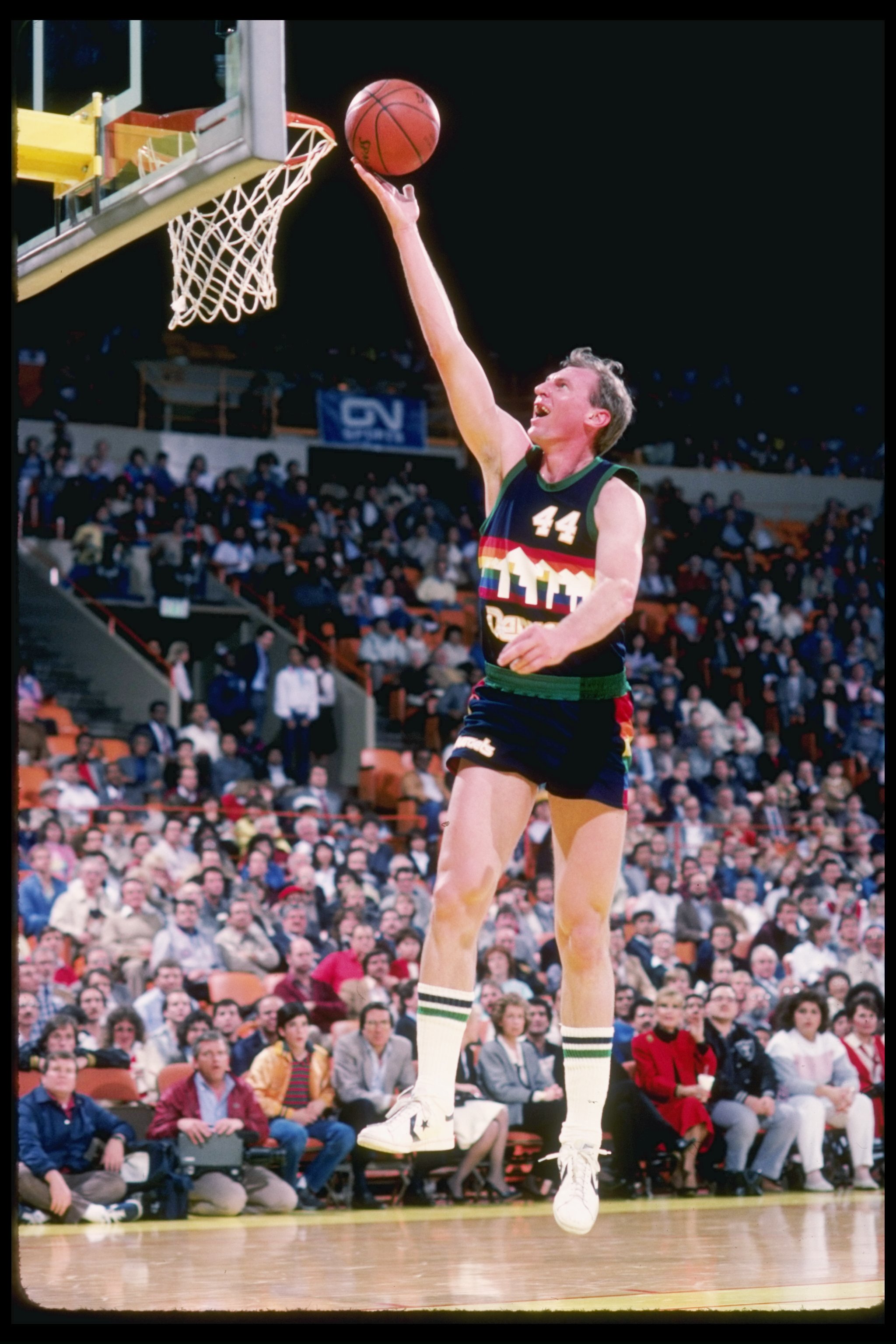 1985:  Dan Issel of the Denver Nuggets lays the ball up during the Nuggets match against the Los Angeles Lakers at the Great Western Forum in Inglewood, California. Mandatory Credit: Rick Stewart  /Allsport