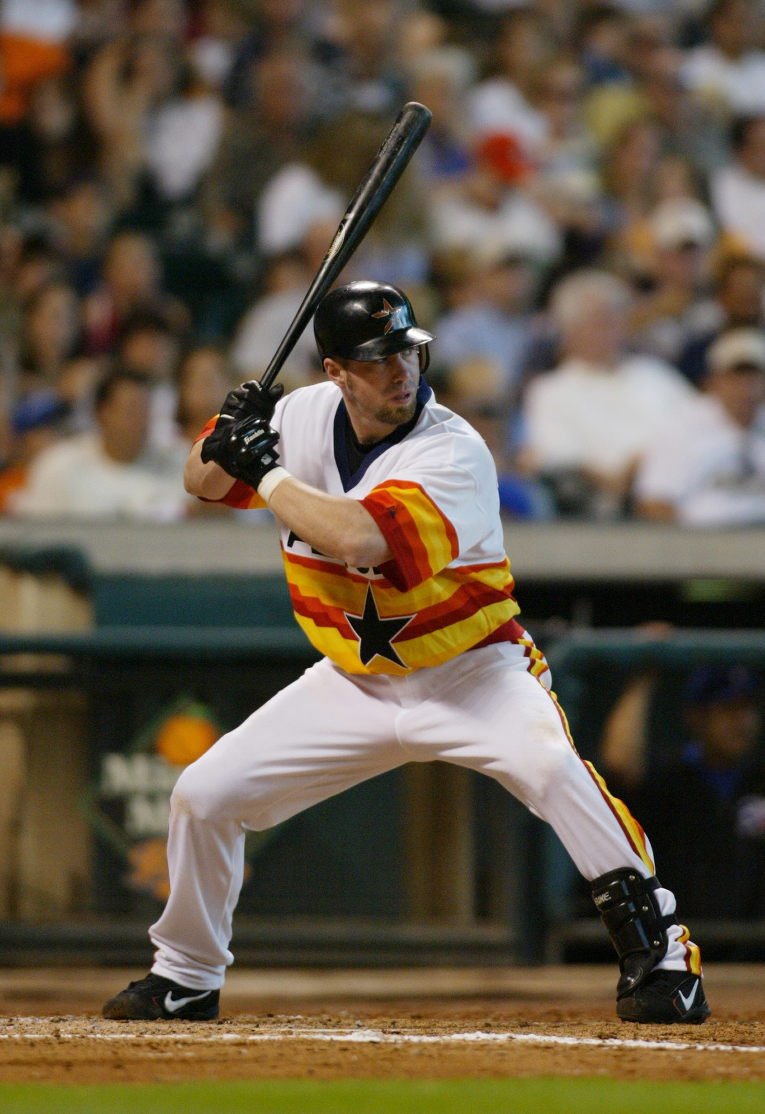 HOUSTON - JULY 4:  Jeff Bagwell #5 of the Houston Astros stands ready at the plate during the inerleague game against the Texas Rangers at Minute Maid Park on July 4, 2004 in Houston, Texas.  The Rangers defeated the Astros 18-3.  (Photo by Ronald Martine