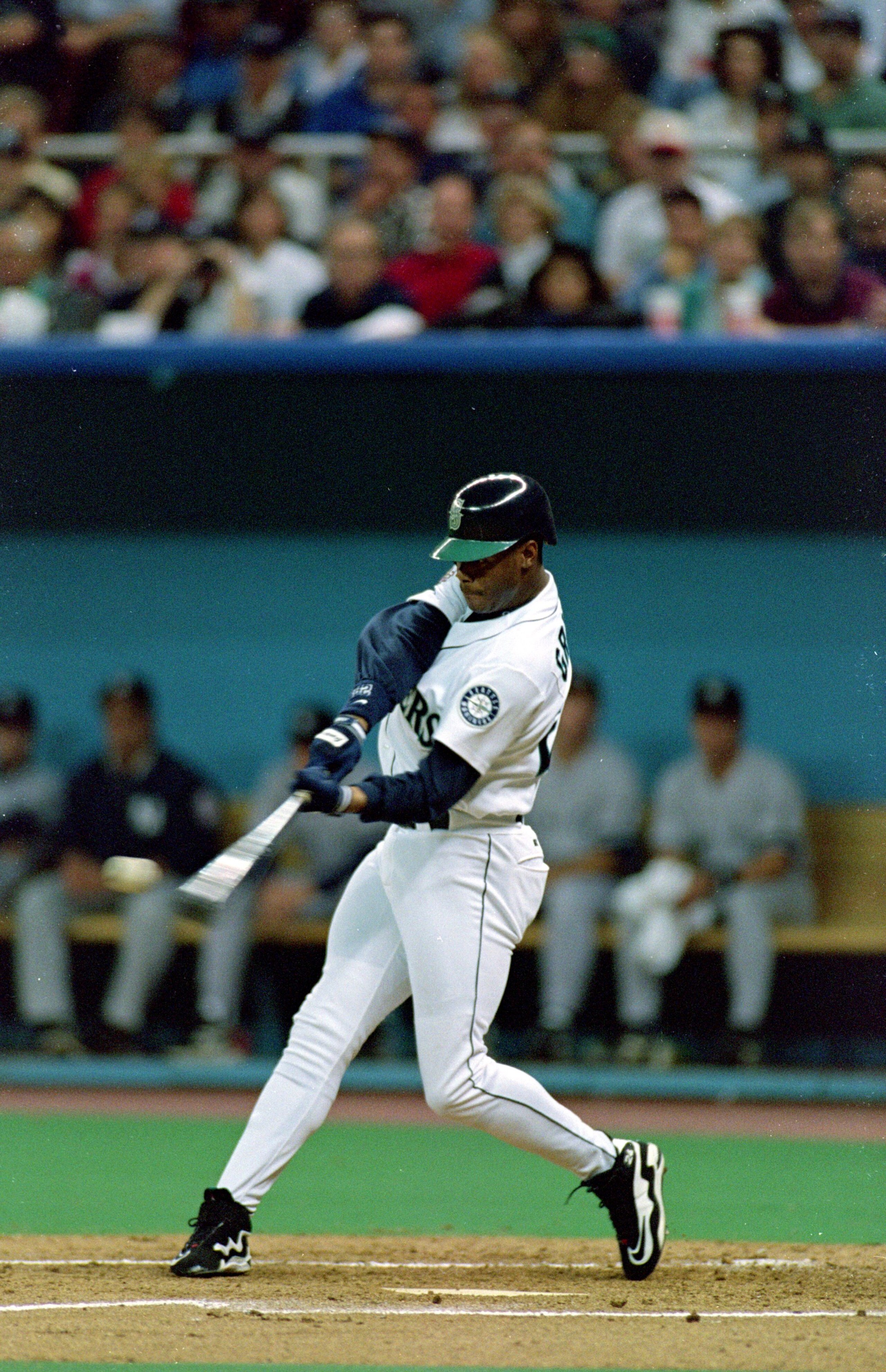 7 Oct 1995: Ken Griffey Jr. of the Seattle Mariners hits the ball during the game against the New York Yankees at the Kingdome in Seattle, Washington. The Mariners defeated the Yankees 11-8.