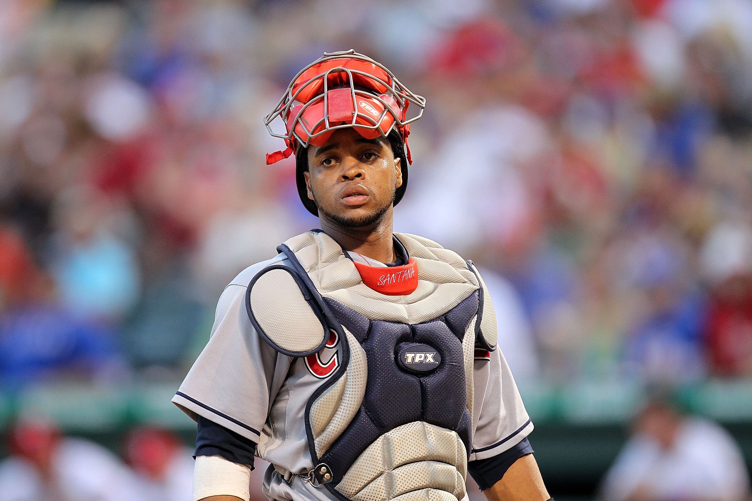 ARLINGTON, TX - JULY 05:  Catcher Carlos Santana #41 of the Cleveland Indians on July 5, 2010 at Rangers Ballpark in Arlington, Texas.  (Photo by Ronald Martinez/Getty Images)