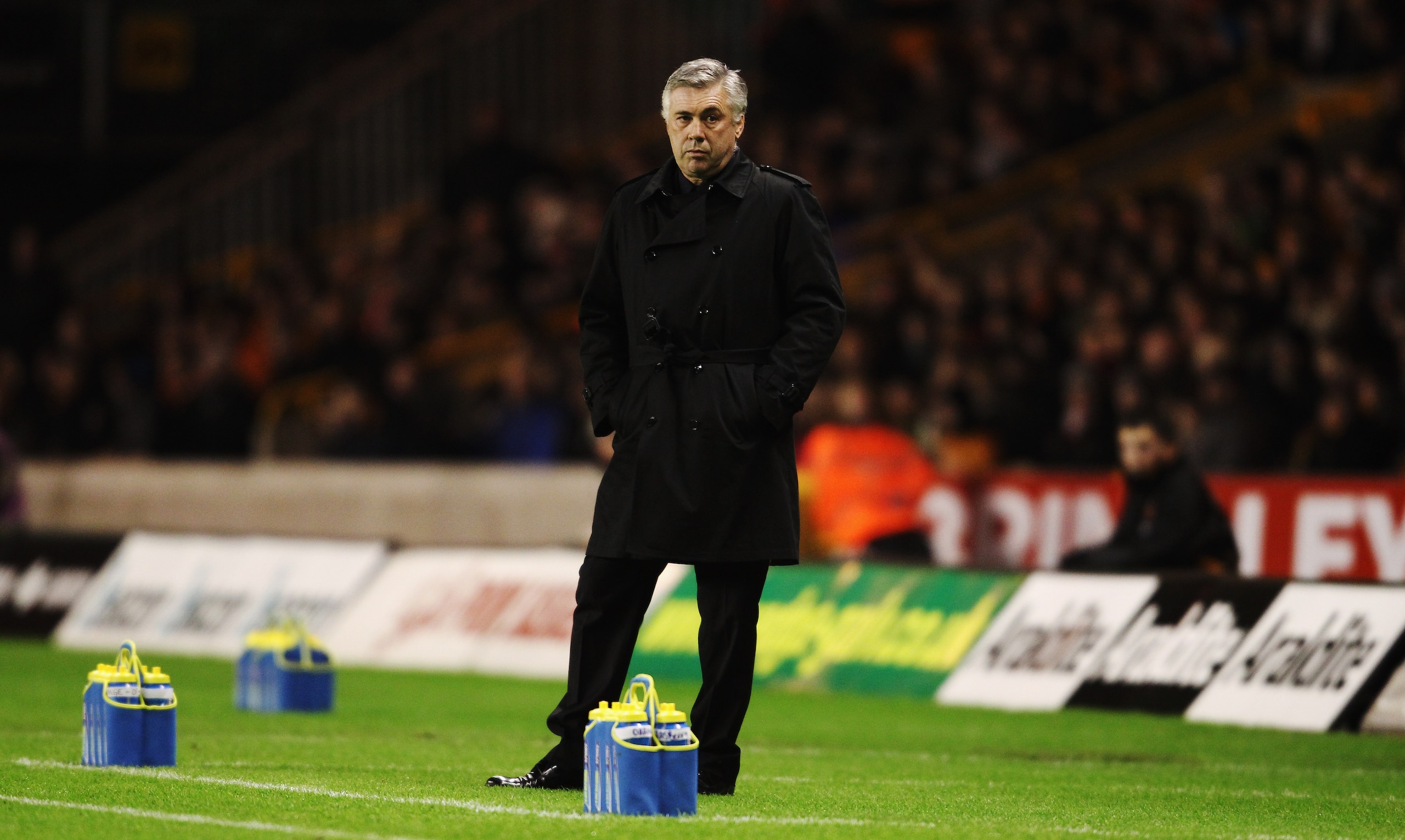 WOLVERHAMPTON, UNITED KINGDOM - JANUARY 05:  Carlo Ancelotti the Chelsea manager watches from the touchline during the Barclays Premier League match between Wolverhampton Wanderers and Chelsea at Molineux on January 5, 2011 in Wolverhampton, England.  (Ph