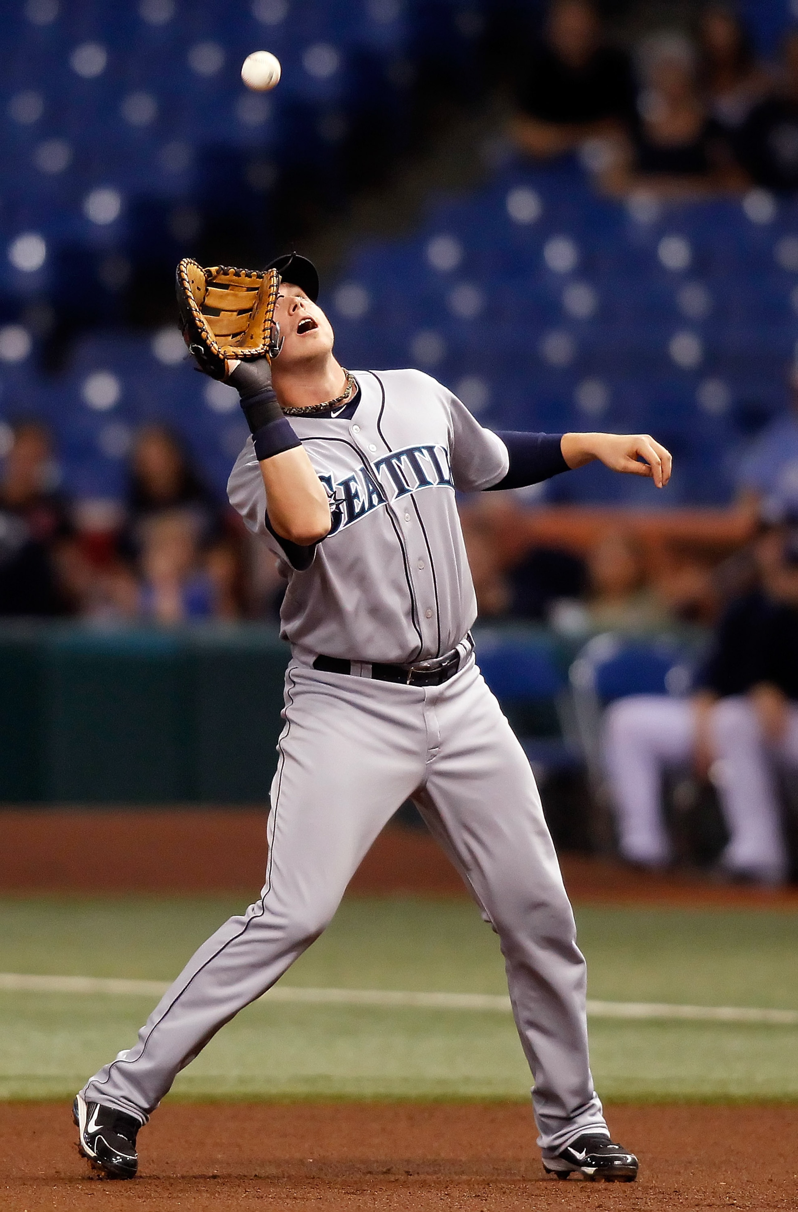 ST. PETERSBURG - SEPTEMBER 24: Infielder Justin Smoak #17 of the Seattle Mariners catches a fly ball against the Tampa Bay Rays during the game at Tropicana Field on September 24, 2010 in St. Petersburg, Florida. (Photo by J. Meric/Getty Images) ST. PETERSBURG - SEPTEMBER 24: Infielder Justin Smoak #17 of the Seattle Mariners catches a fly ball against the Tampa Bay Rays during the game at Tropicana Field on September 24, 2010 in St. Petersburg, Florida. (Photo by J. Meric/Getty Images)