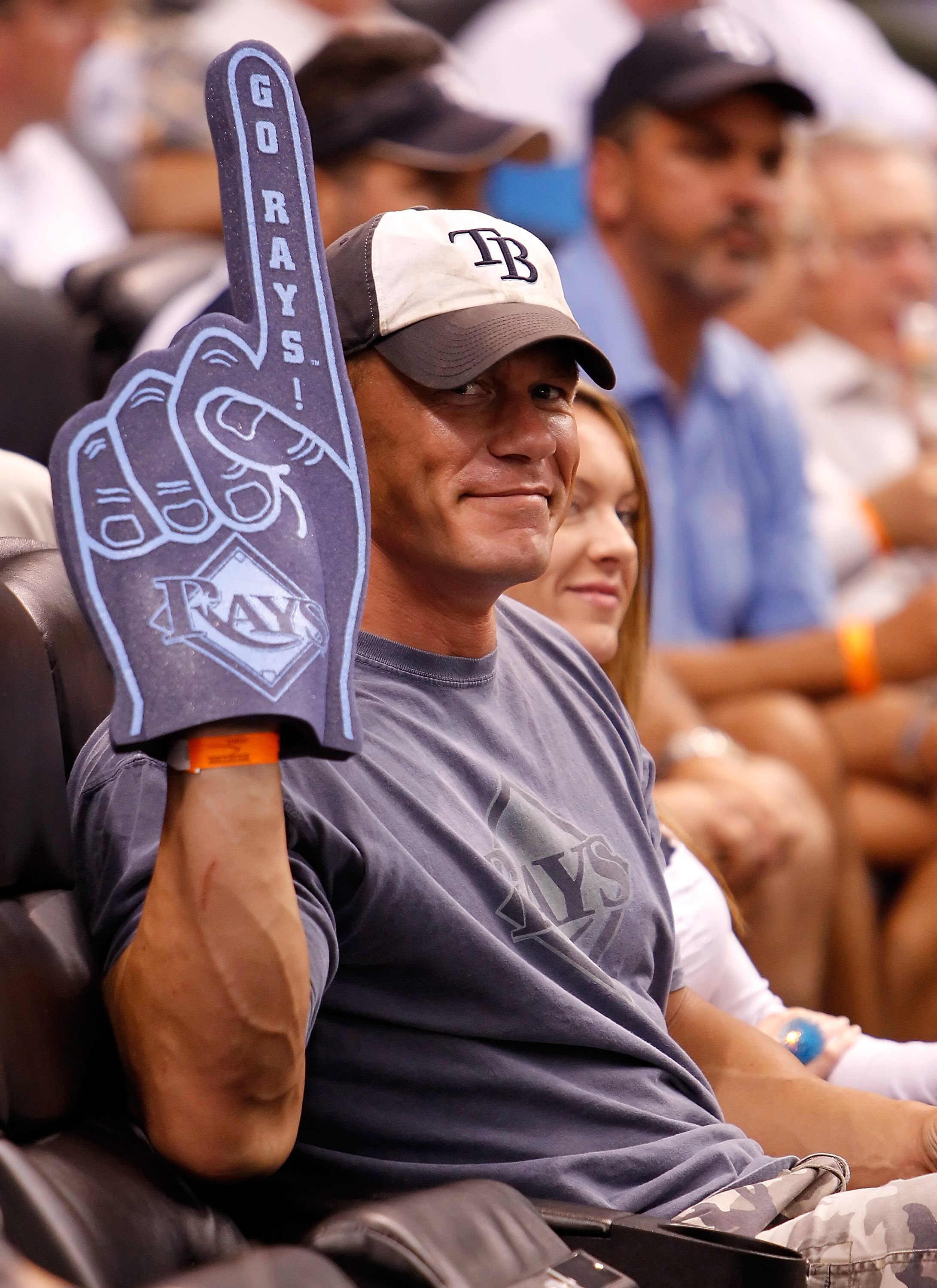 ST. PETERSBURG - JULY 27:  Actor John Cena takes in the game between the Tampa Bay Rays and the Detroit Tigers at Tropicana Field on July 27, 2010 in St. Petersburg, Florida.  (Photo by J. Meric/Getty Images)