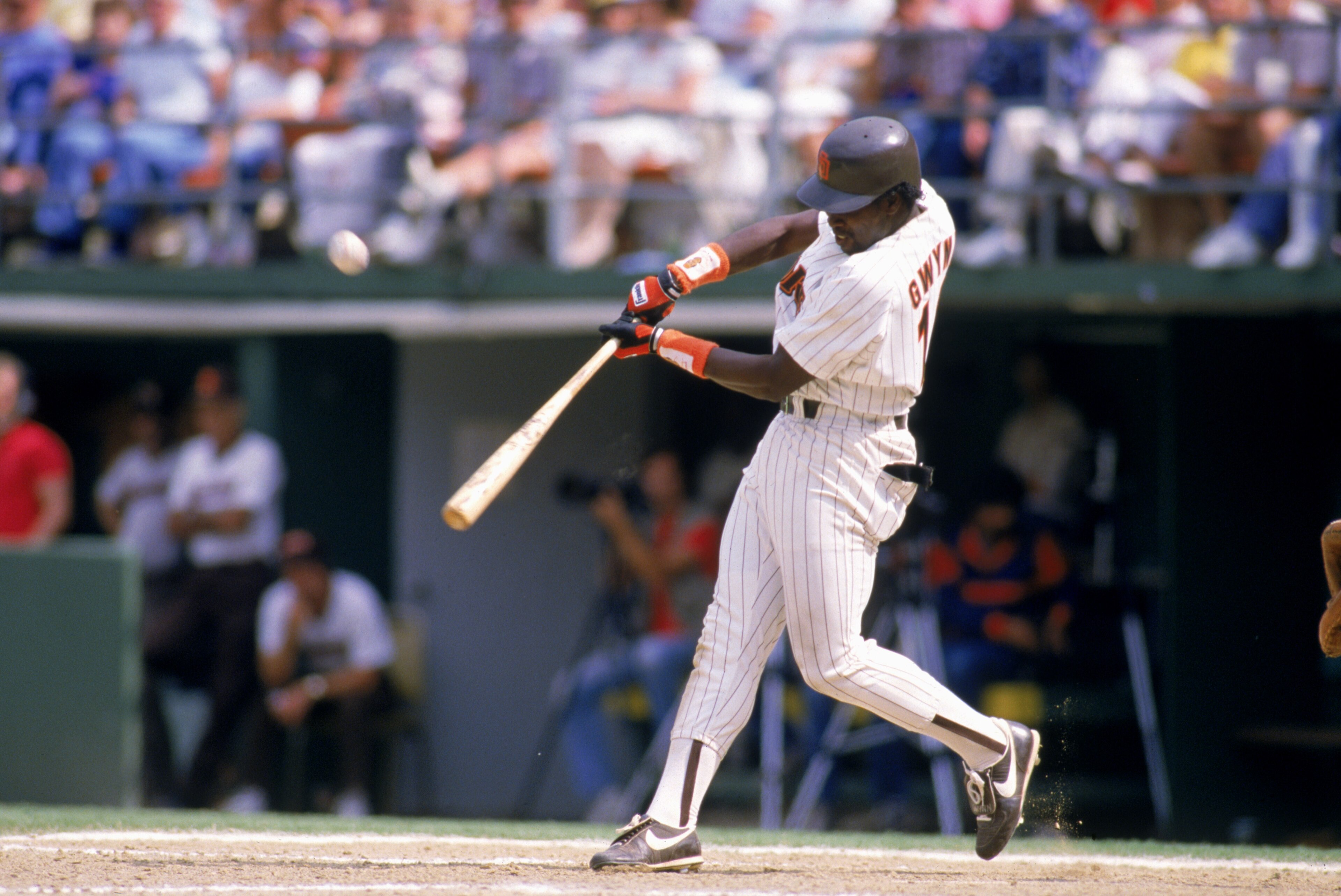SAN DIEGO - 1986:  Tony Gwynn #19 of the San Diego Padres swings at a pitch during a 1986 game at Jack Murphy Stadium in San Diego, California.  (Photo by Rick Stewart/Getty Images)
