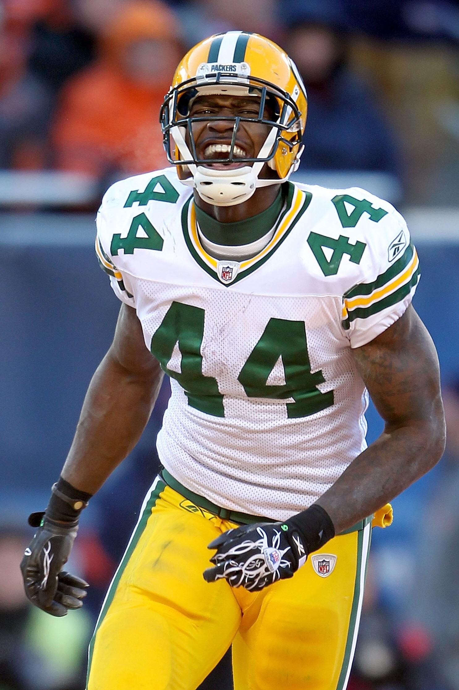 CHICAGO, IL - JANUARY 23:  Running back James Starks #44 of the Green Bay Packers reacts after his four-yard second quarter touchdown run against the Chicago Bears in the NFC Championship Game at Soldier Field on January 23, 2011 in Chicago, Illinois.  (P