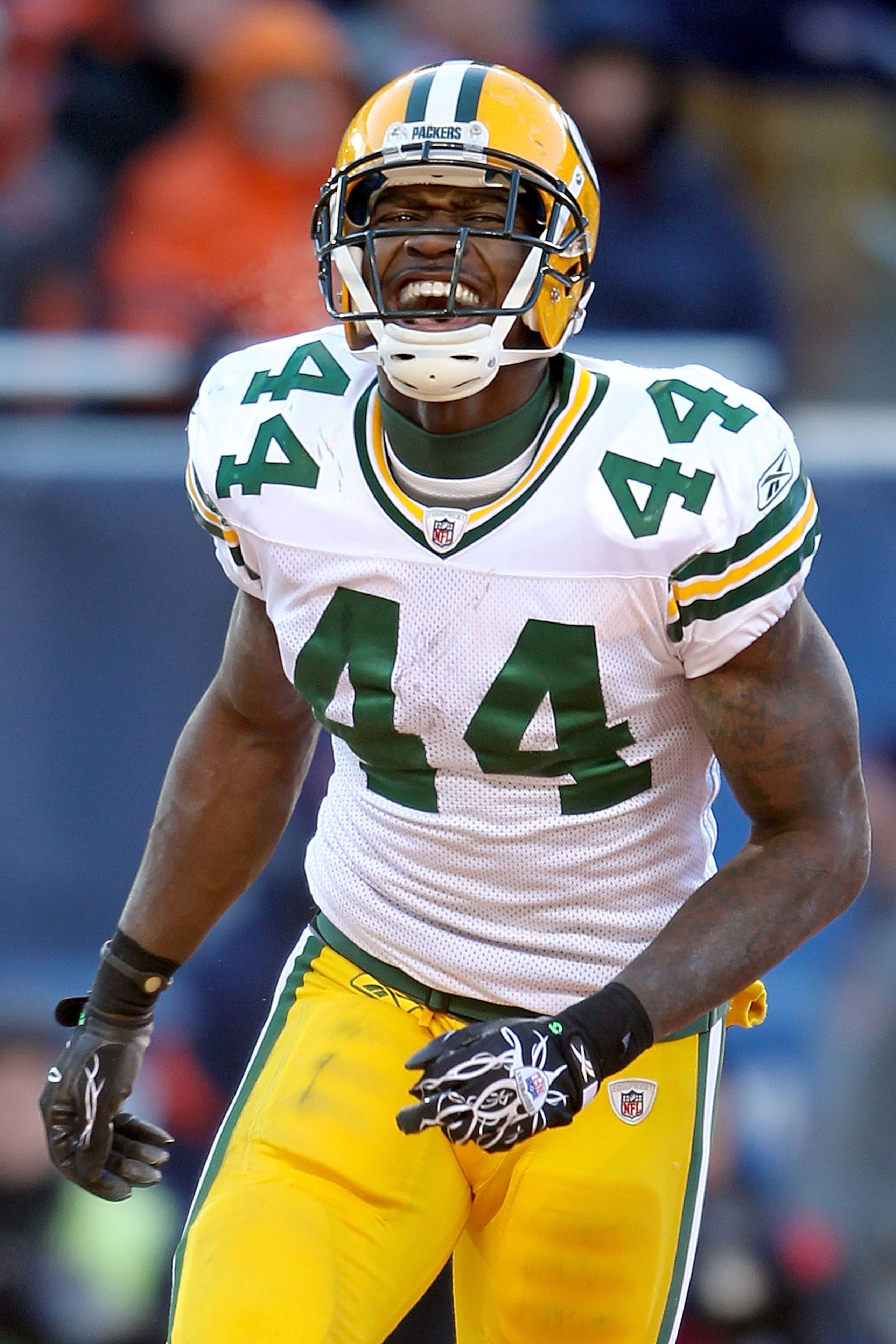 CHICAGO, IL - JANUARY 23:  Running back James Starks #44 of the Green Bay Packers reacts after his four-yard second quarter touchdown run against the Chicago Bears in the NFC Championship Game at Soldier Field on January 23, 2011 in Chicago, Illinois.  (P