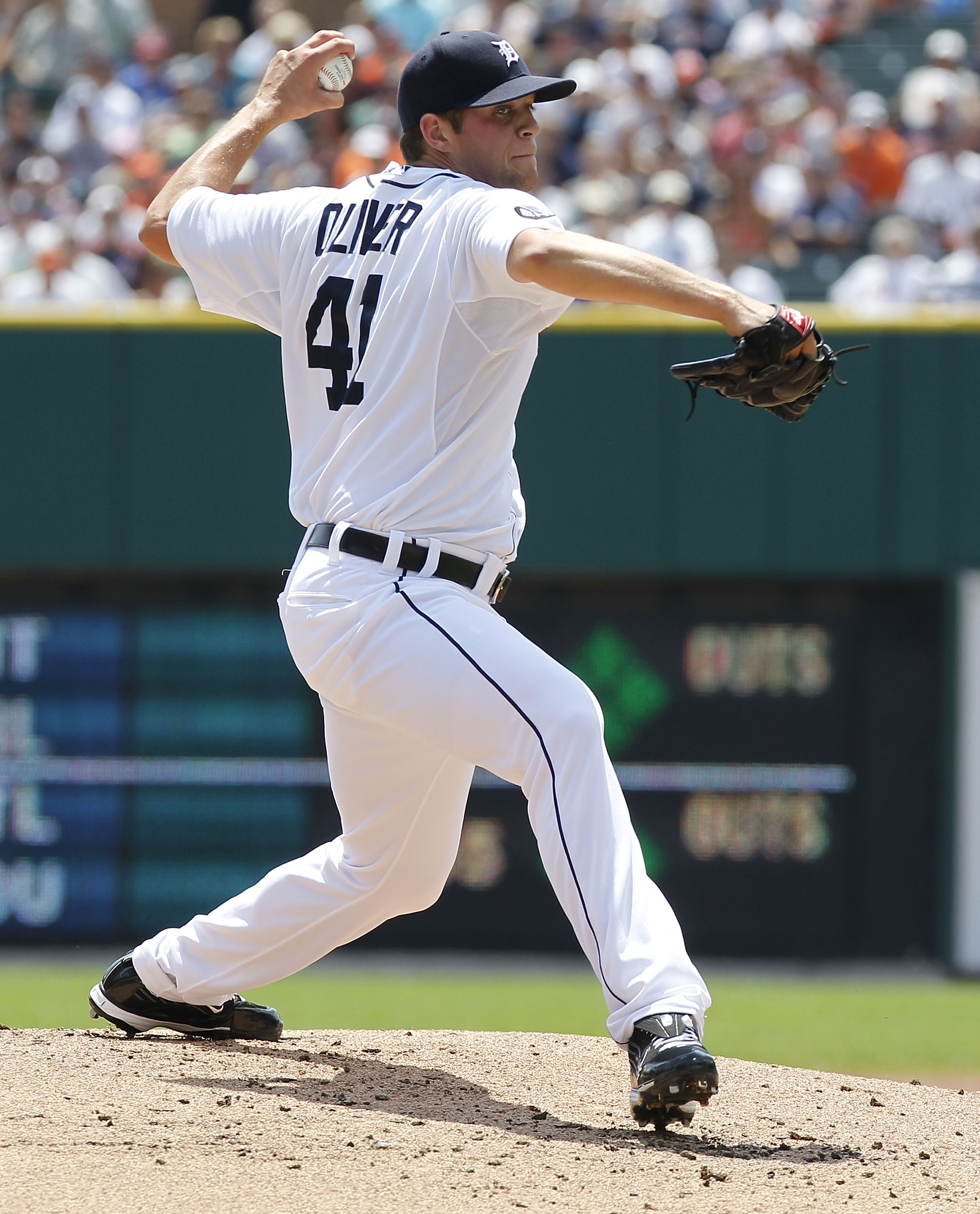 DETROIT - JULY 11:  Andy Oliver #41 of the Detroit Tigers pitches in the first inning during the game against the Minnesota Twins on July 11, 2010 at Comerica Park in Detroit, Michigan.  (Photo by Leon Halip/Getty Images)