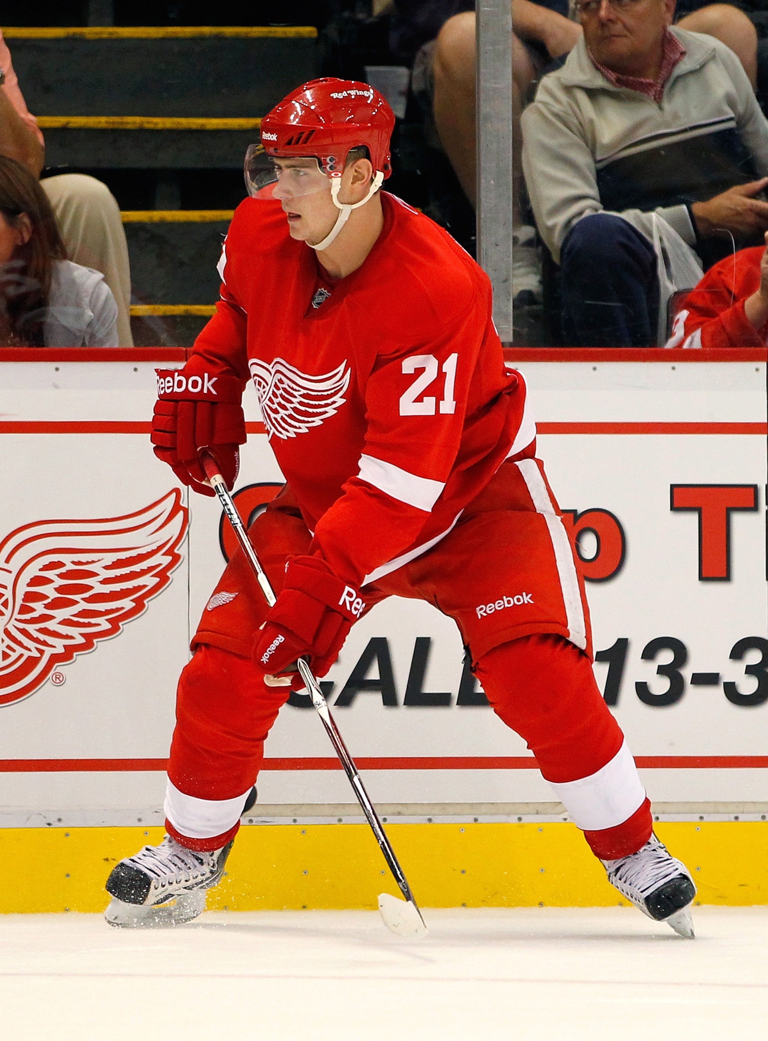 DETROIT - SEPTEMBER 24:  Tomas Tatar #21 of the Detroit Red Wings skates against the Chicago Blackhawks during a pre season game on September 24, 2010 at Joe Louis Arena in Detroit, Michigan.  (Photo by Gregory Shamus/Getty Images)