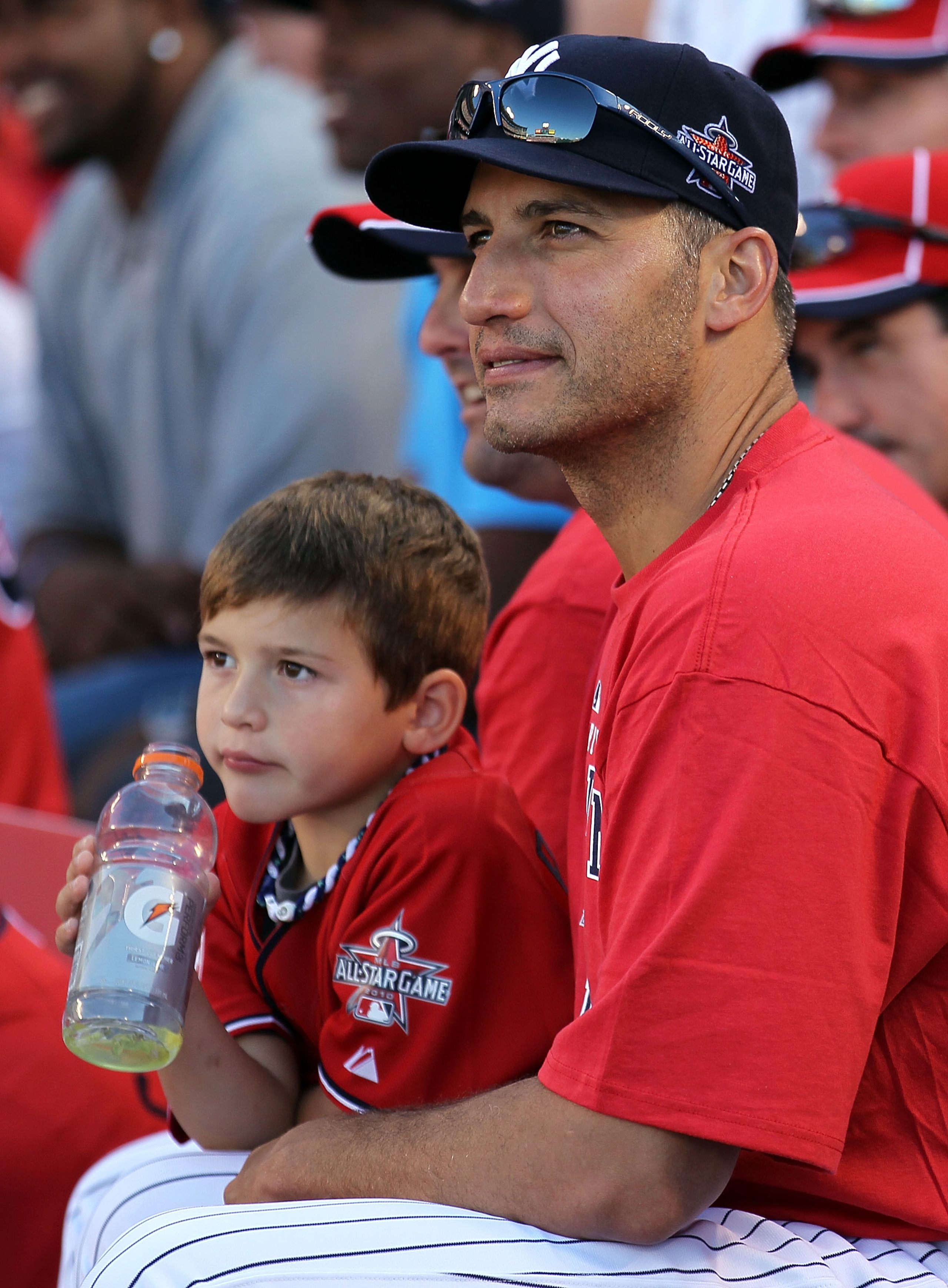 ANAHEIM, CA - JULY 12: American League All-Star Andy Pettitte #46 of the New York Yankees (R) and son Luke Pettitte during the 2010 State Farm Home Run Derby during All-Star Weekend at Angel Stadium of Anaheim on July 12, 2010 in Anaheim, California. (P ANAHEIM, CA - JULY 12: American League All-Star Andy Pettitte #46 of the New York Yankees (R) and son Luke Pettitte during the 2010 State Farm Home Run Derby during All-Star Weekend at Angel Stadium of Anaheim on July 12, 2010 in Anaheim, California. (P