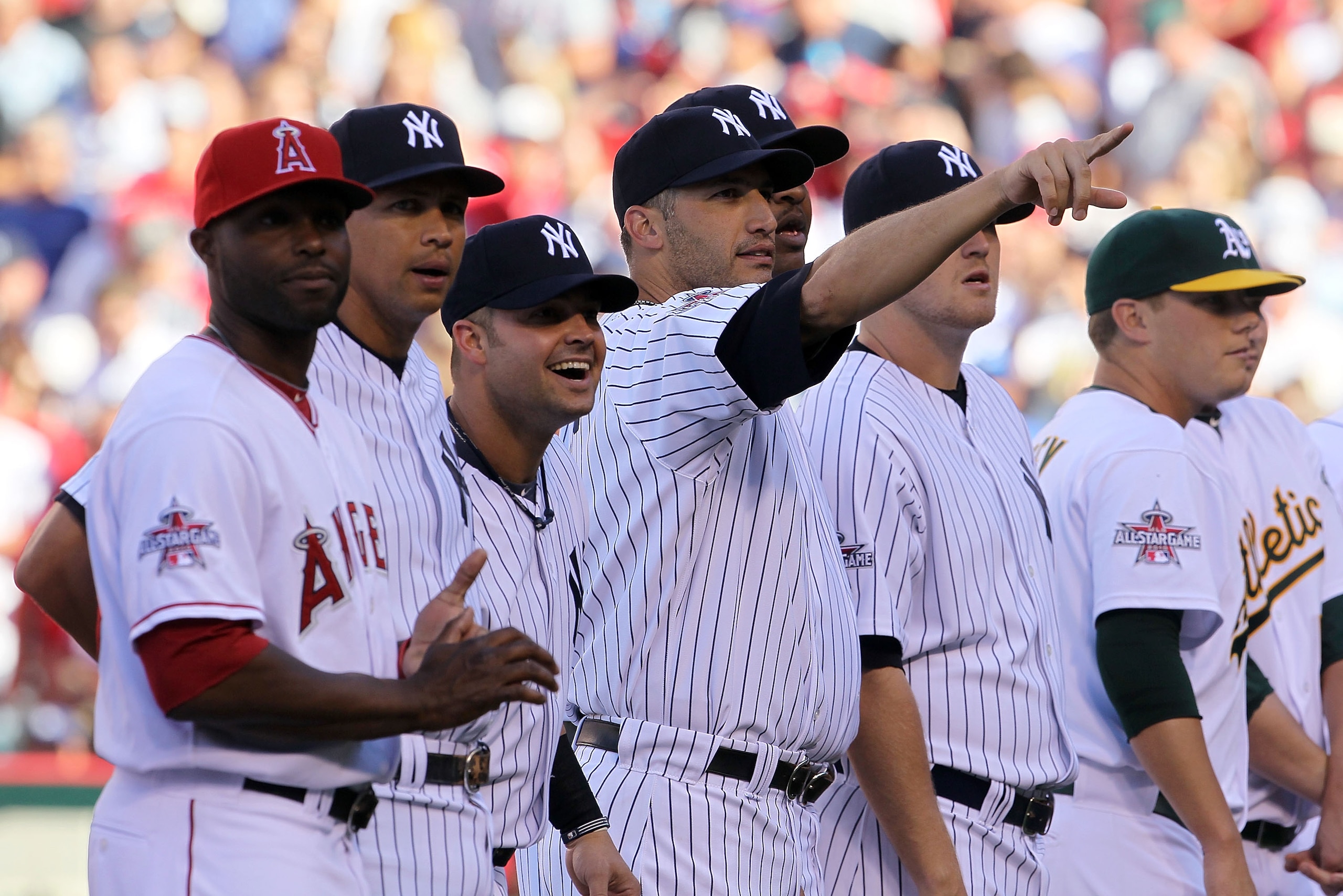 ANAHEIM, CA - JULY 13: (2nd L-R) American League All-Star Alex Rodriguez #13 of the New York Yankees, American League All-Star Nick Swisher #33 of the New York Yankees, American League All-Star Andy Pettitte #46 of the New York Yankees, and American Leag ANAHEIM, CA - JULY 13: (2nd L-R) American League All-Star Alex Rodriguez #13 of the New York Yankees, American League All-Star Nick Swisher #33 of the New York Yankees, American League All-Star Andy Pettitte #46 of the New York Yankees, and American Leag