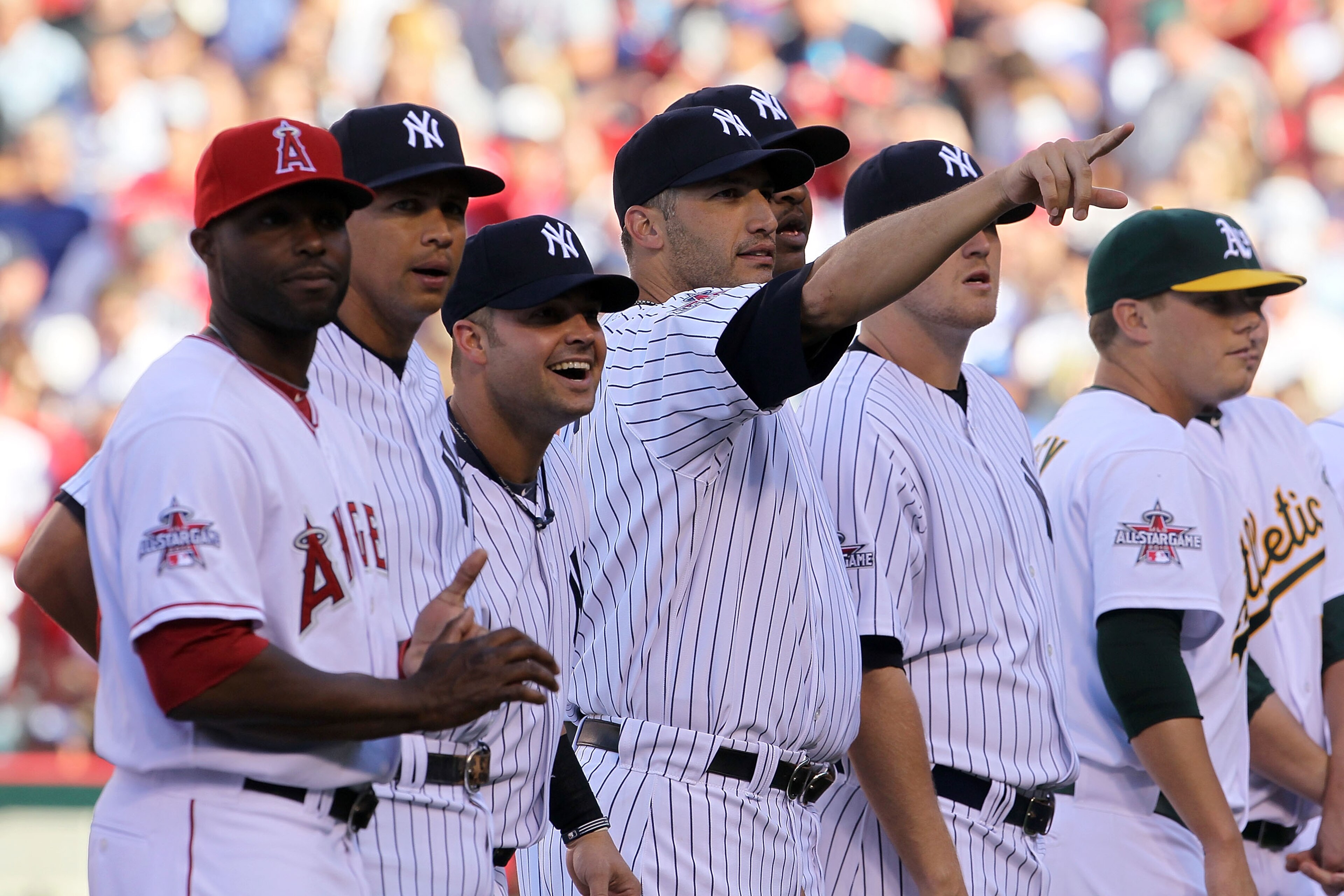 ANAHEIM, CA - JULY 13:  (2nd L-R) American League All-Star Alex Rodriguez #13 of the New York Yankees, American League All-Star Nick Swisher #33 of the New York Yankees, American League All-Star Andy Pettitte #46 of the New York Yankees, and American Leag