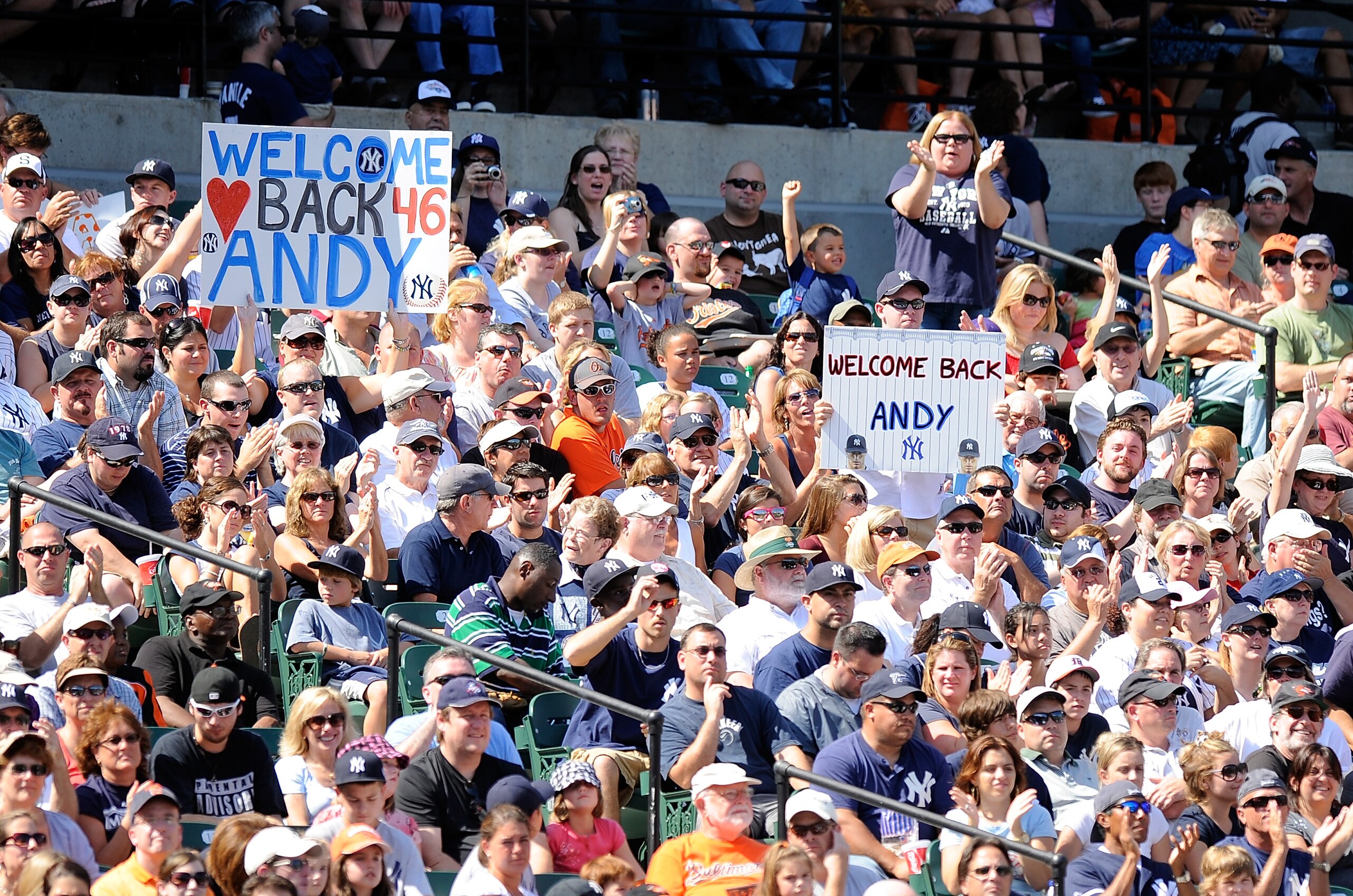 BALTIMORE - SEPTEMBER 19: Fans hold up signs for Andy Pettitte #46 of the New York Yankees during the game against the Baltimore Orioles at Camden Yards on September 19, 2010 in Baltimore, Maryland. (Photo by Greg Fiume/Getty Images) BALTIMORE - SEPTEMBER 19: Fans hold up signs for Andy Pettitte #46 of the New York Yankees during the game against the Baltimore Orioles at Camden Yards on September 19, 2010 in Baltimore, Maryland. (Photo by Greg Fiume/Getty Images)
