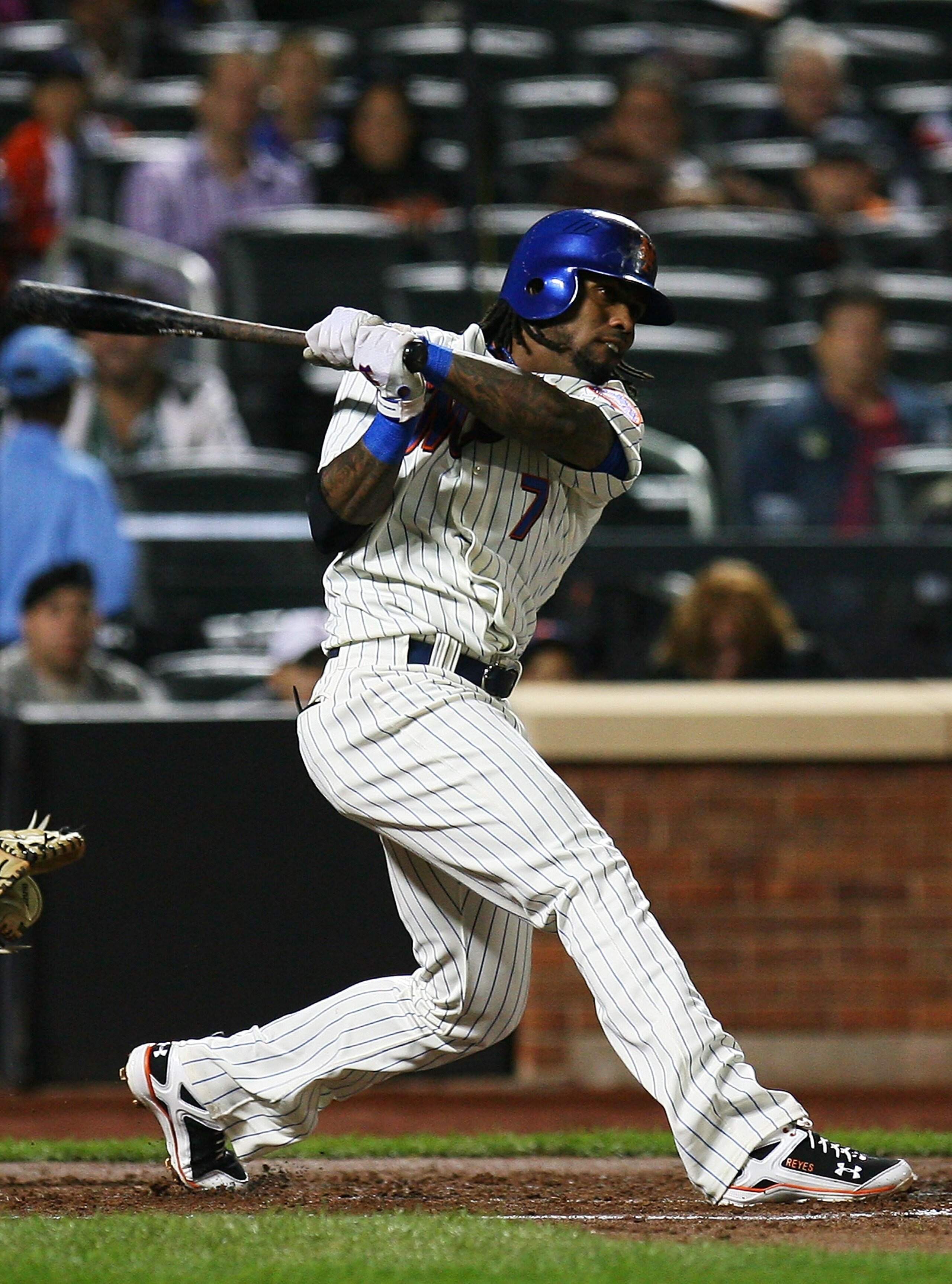 NEW YORK - SEPTEMBER 17: Jose Reyes #7 of the New York Mets watches his one run single in the second inning against the Atlanta Braves on September 17, 2010 at Citi Field in the Flushing neighborhood of the Queens borough of New York City. (Photo by And NEW YORK - SEPTEMBER 17: Jose Reyes #7 of the New York Mets watches his one run single in the second inning against the Atlanta Braves on September 17, 2010 at Citi Field in the Flushing neighborhood of the Queens borough of New York City. (Photo by And