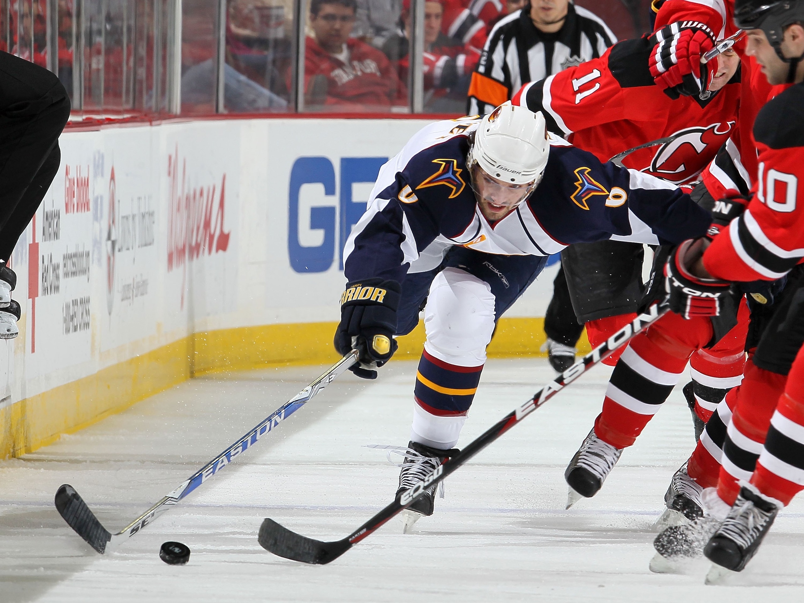 NEWARK, NJ - DECEMBER 31:  Ron Hainsey #6 of the Atlanta Thrashers skates against the New Jersey Devils at the Prudential Center on December 31, 2010 in Newark, New Jersey. The Devils defeated the Thrashers 3-1.  (Photo by Jim McIsaac/Getty Images)