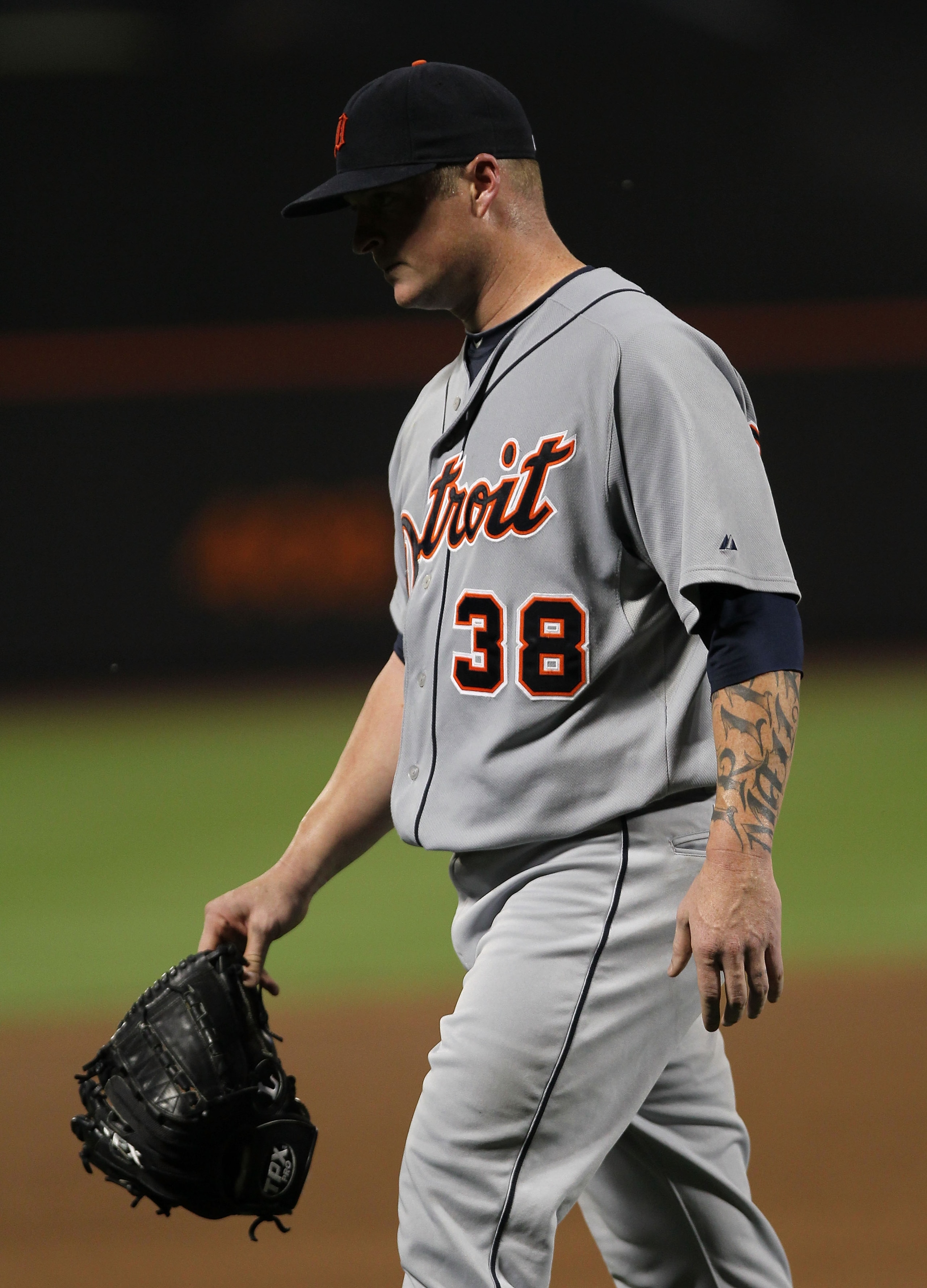 NEW YORK - JUNE 23:  Jeremy Bonderman #38 of the Detroit Tigers leaves the game in the seventh inning against the New York Mets at Citi Field on June 23, 2010 in the Flushing neighborhood of the Queens borough of New York City.  (Photo by Nick Laham/Getty