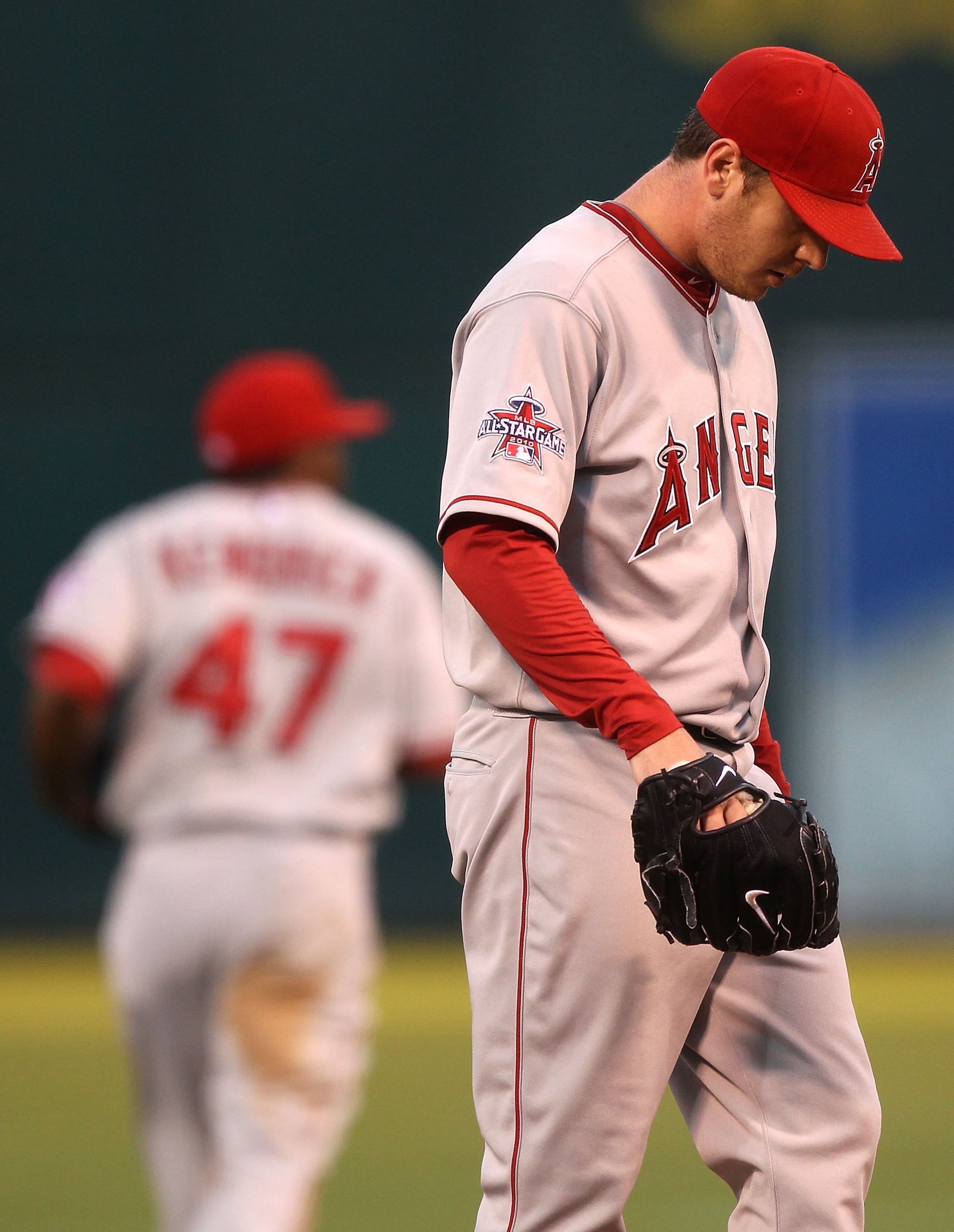 OAKLAND, CA - SEPTEMBER 3: Scott Kazmir #19 of the Los Angeles Angels of Anaheim looks on after walking in a run in the first inning against the Oakland Athletics during a Major League Baseball game at the Oakland-Alameda County Coliseum on September 3, 2