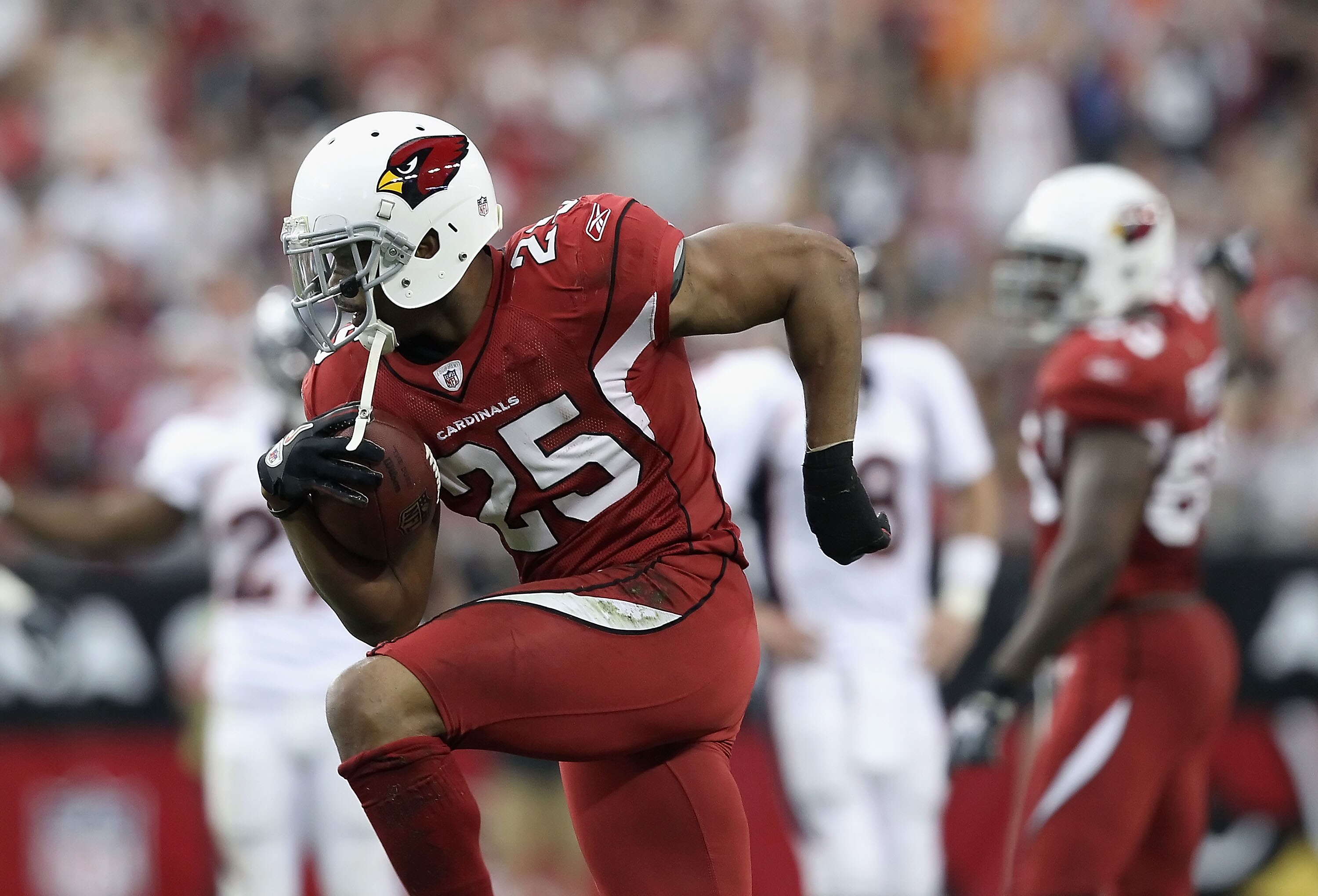 GLENDALE, AZ - DECEMBER 12:  Safety Kerry Rhodes #25 of the Arizona Cardinals reacts after recovering a fumble against the Denver Broncos during the NFL game at the University of Phoenix Stadium on December 12, 2010 in Glendale, Arizona.  The Cardinals de