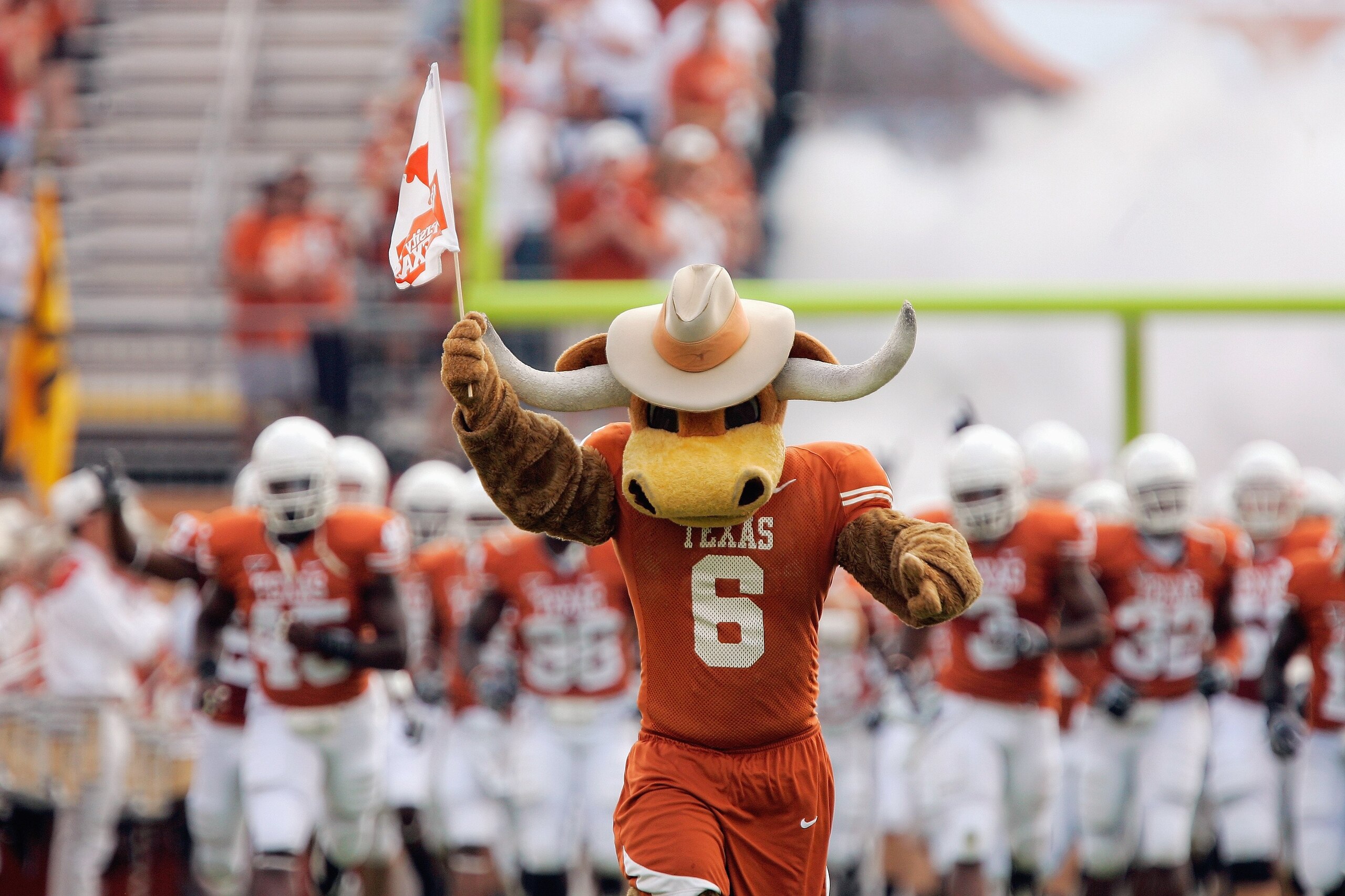 AUSTIN, TX - SEPTEMBER 27:  The Texas Longhorns mascot leads the team onto the field before the game against the Arkansas Razorbacks on September 27, 2008 at Darrell K Royal-Texas Memorial Stadium in Austin, Texas.  Texas won 52-10.  (Photo by Brian Bahr/