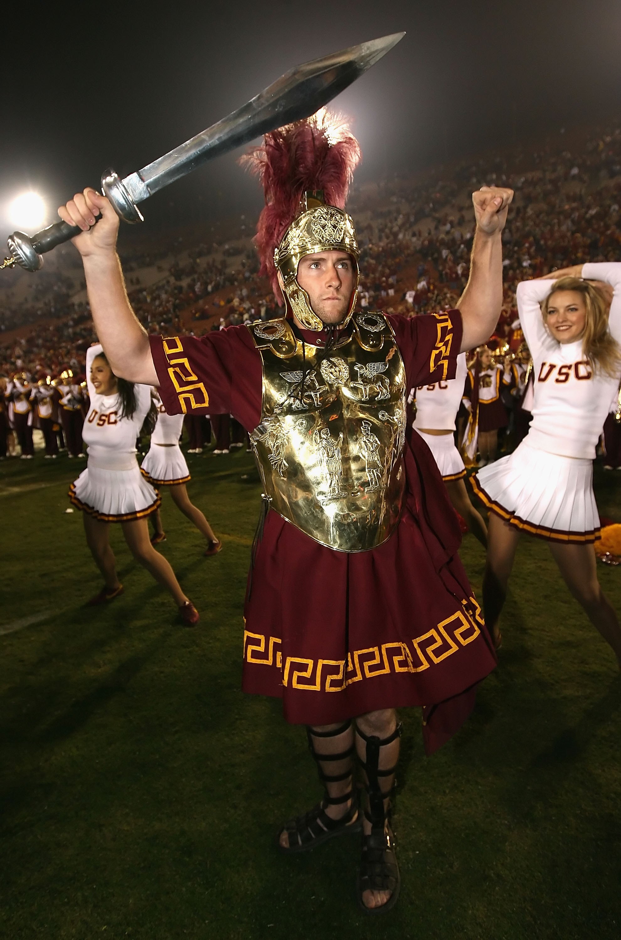 LOS ANGELES, CA - NOVEMBER 29:  The USC Trojans mascot performs after the game against the Notre Dame Fighting Irish at Los Angeles Memorial Coliseum on November 29, 2008 in Los Angeles, California. The Trojans defeated the Fighting Irish 38-3.  (Photo by