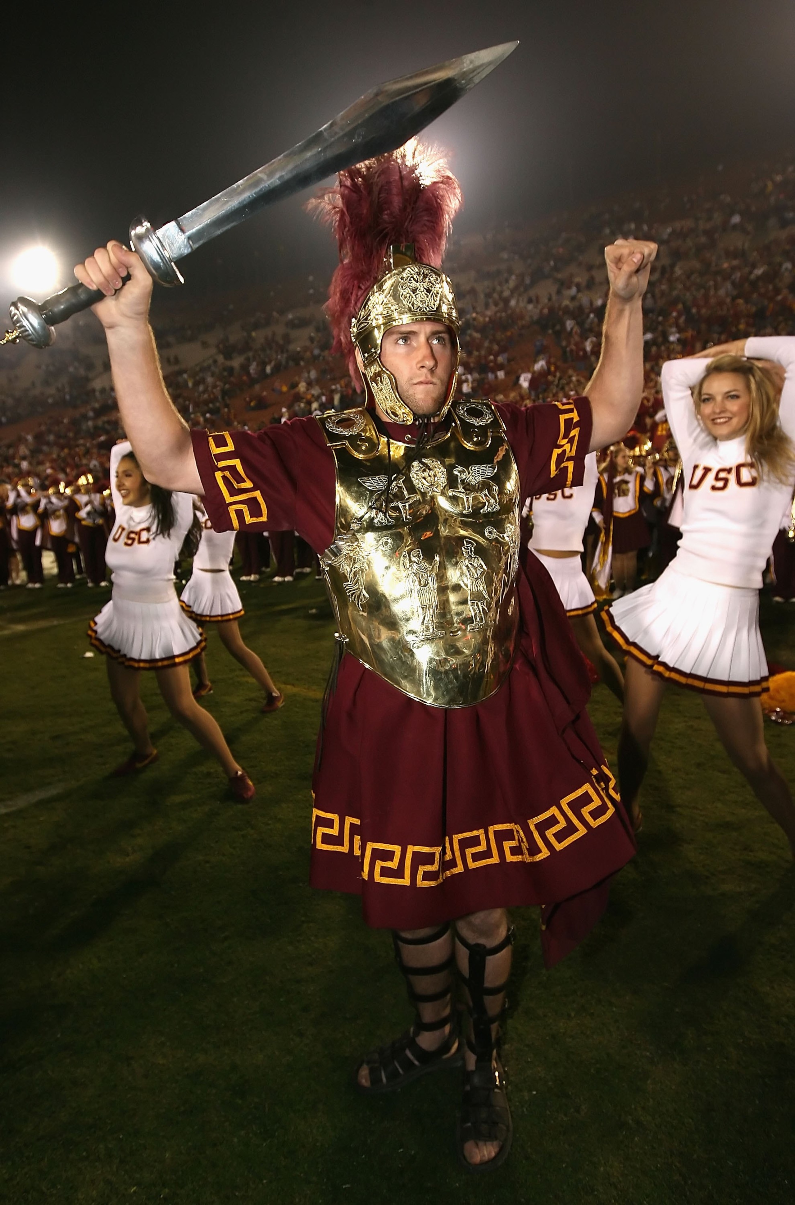 LOS ANGELES, CA - NOVEMBER 29:  The USC Trojans mascot performs after the game against the Notre Dame Fighting Irish at Los Angeles Memorial Coliseum on November 29, 2008 in Los Angeles, California. The Trojans defeated the Fighting Irish 38-3.  (Photo by