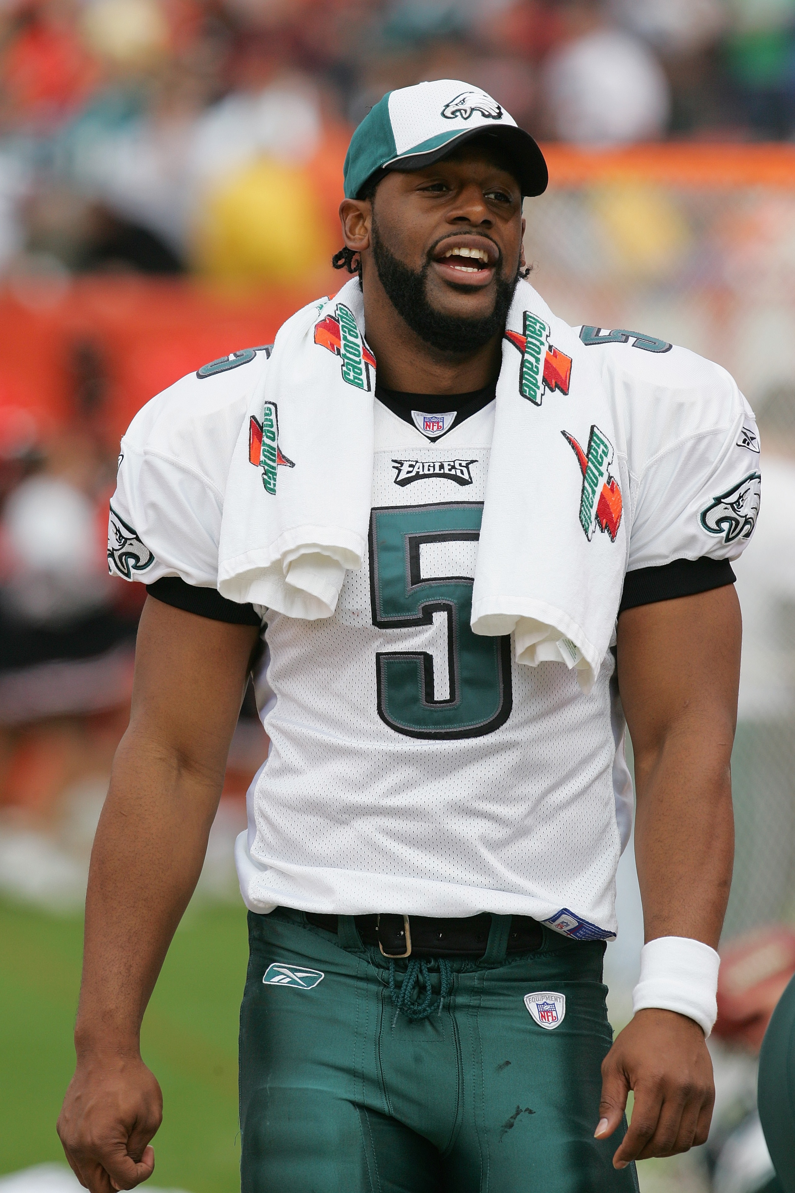 CLEVELAND - OCTOBER 24:  Quarterback Donovan McNabb #5 of the Philadelphia Eagles watches from the sideline during the game with the Cleveland Browns on October 24, 2004 at Cleveland Browns Stadium in Cleveland, Ohio. The Eagles defeated the Browns 34-31