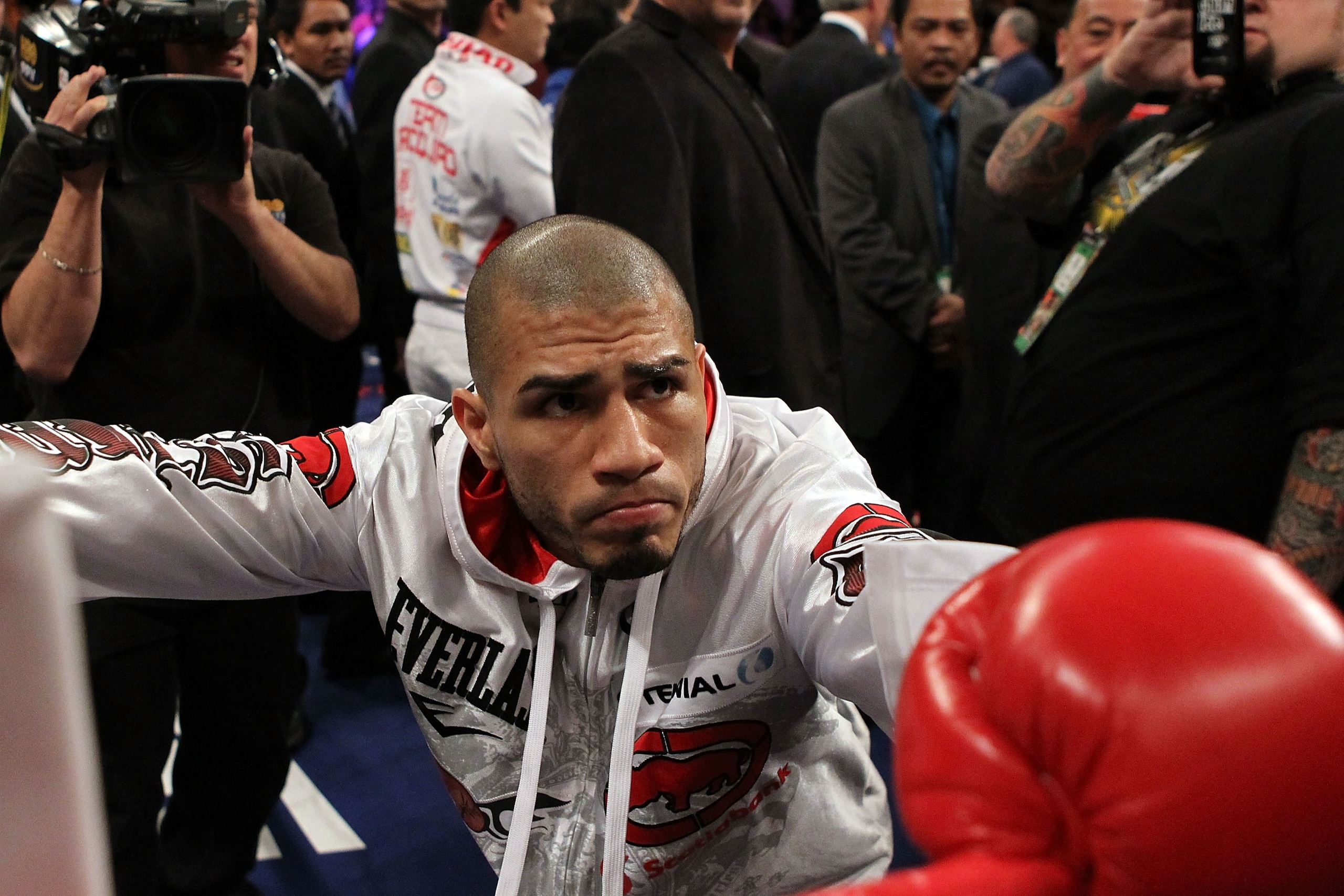 LAS VEGAS - NOVEMBER 14:  Miguel Cotto of Puerto Rico looks on before taking on Manny Pacquiao during their WBO welterweight title fight at the MGM Grand Garden Arena on November 14, 2009 in Las Vegas, Nevada.  (Photo by Al Bello/Getty Images)