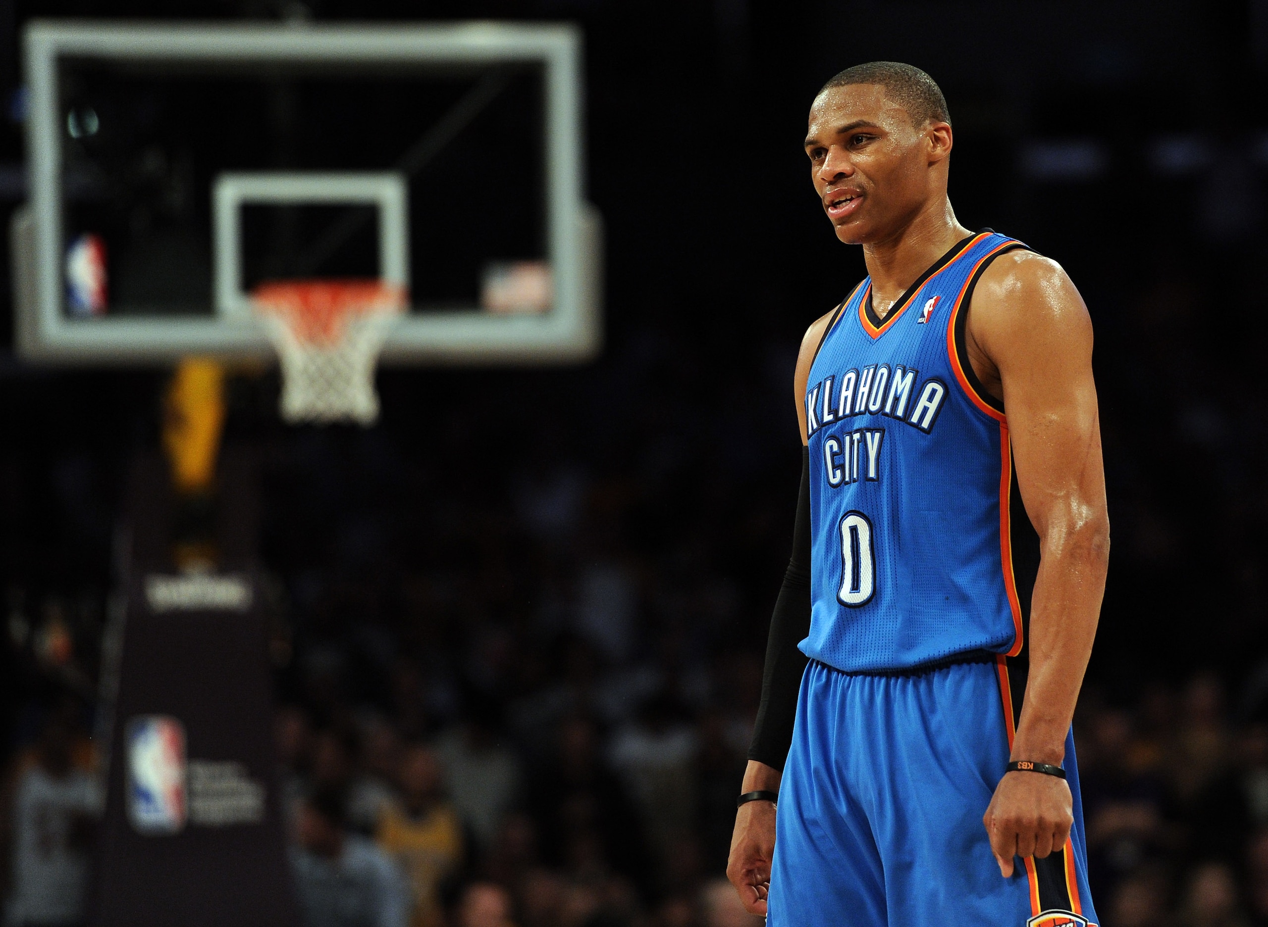 LOS ANGELES, CA - JANUARY 17:  Russell Westbrook #0 of the Oklahoma City Thunder waits for play during the game between the Los Angeles Lakers at the Staples Center on January 17, 2011 in Los Angeles, California.   NOTE TO USER: User expressly acknowledge