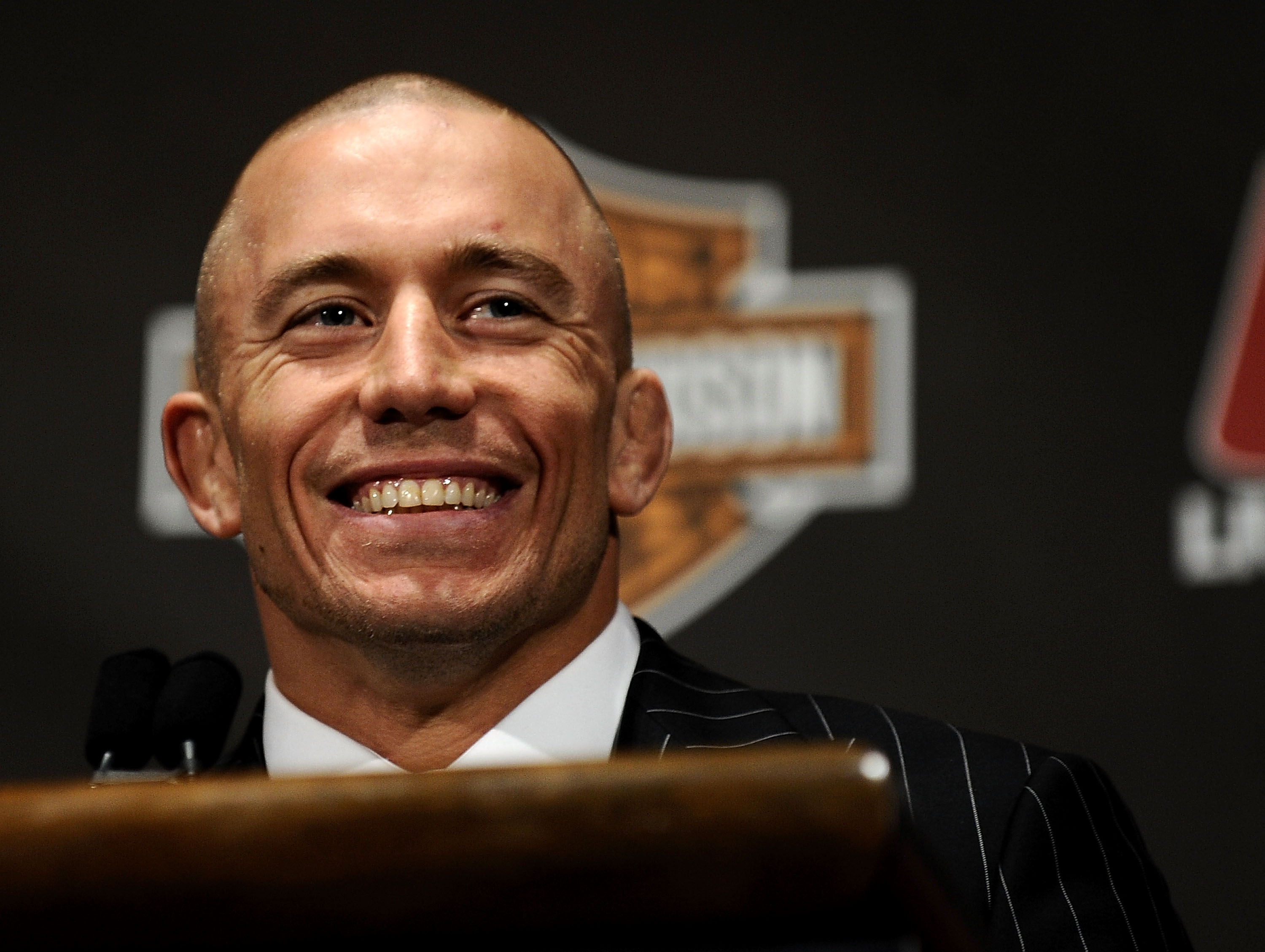NEW YORK - MARCH 24:  Georges St-Pierre of Montreal, Quebec, Canada speaks at a press conference for UFC 111 at Radio City Music Hall on March 24, 2010 in New York City.  St-Pierre will face Dan Hardy of Nottingham UK in the Welterweight title bout.  (Pho