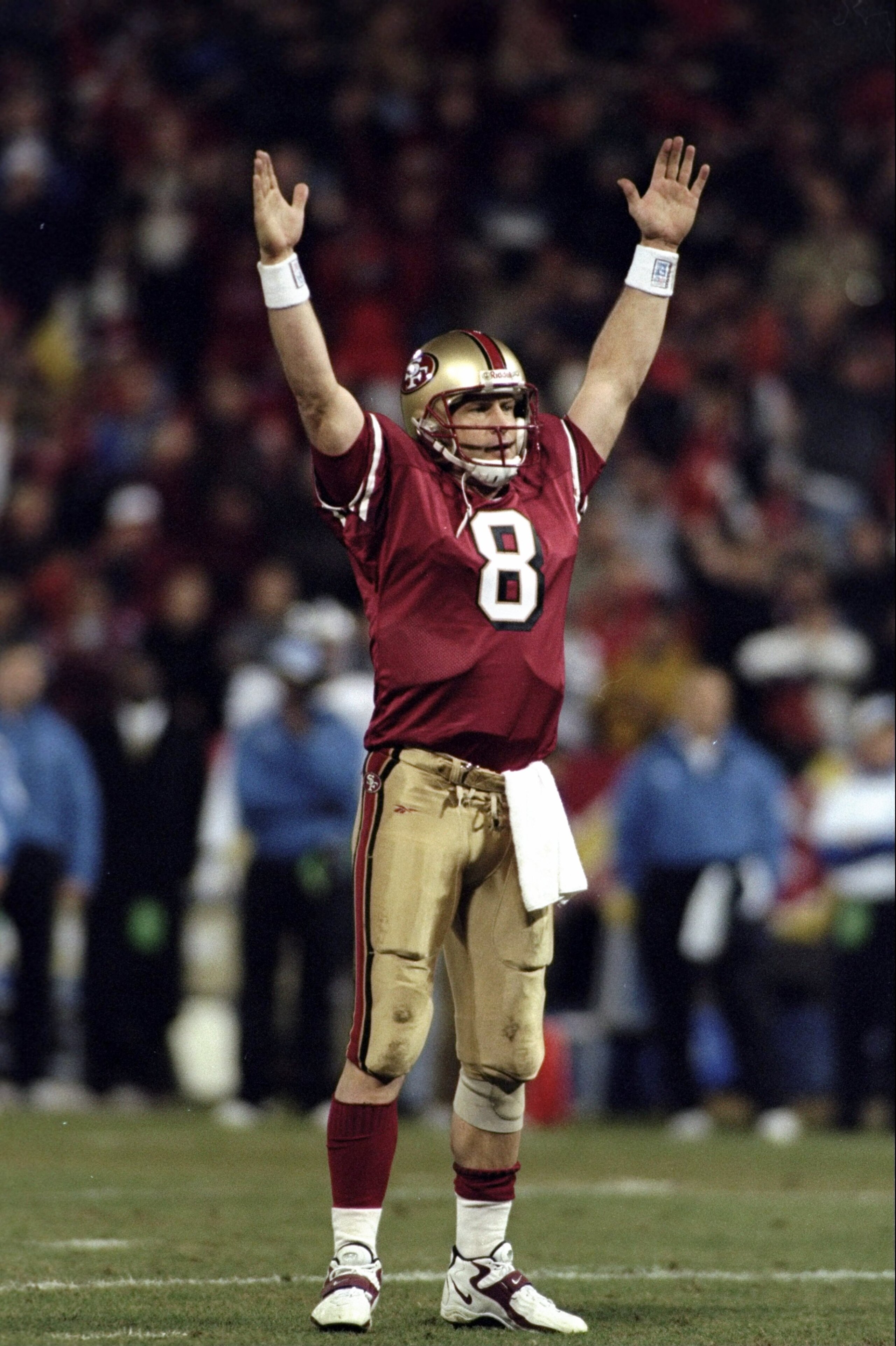 14 Dec 1998: Steve Young #8 of the San Francisco 49ers signals a touchdown during the game against the Detroit Lions at 3Com Park in San Francisco, California. The 49ers defeated the Lions 35-13. Mandatory Credit: Jed Jacobsohn /Allsport 14 Dec 1998: Steve Young #8 of the San Francisco 49ers signals a touchdown during the game against the Detroit Lions at 3Com Park in San Francisco, California. The 49ers defeated the Lions 35-13. Mandatory Credit: Jed Jacobsohn /Allsport