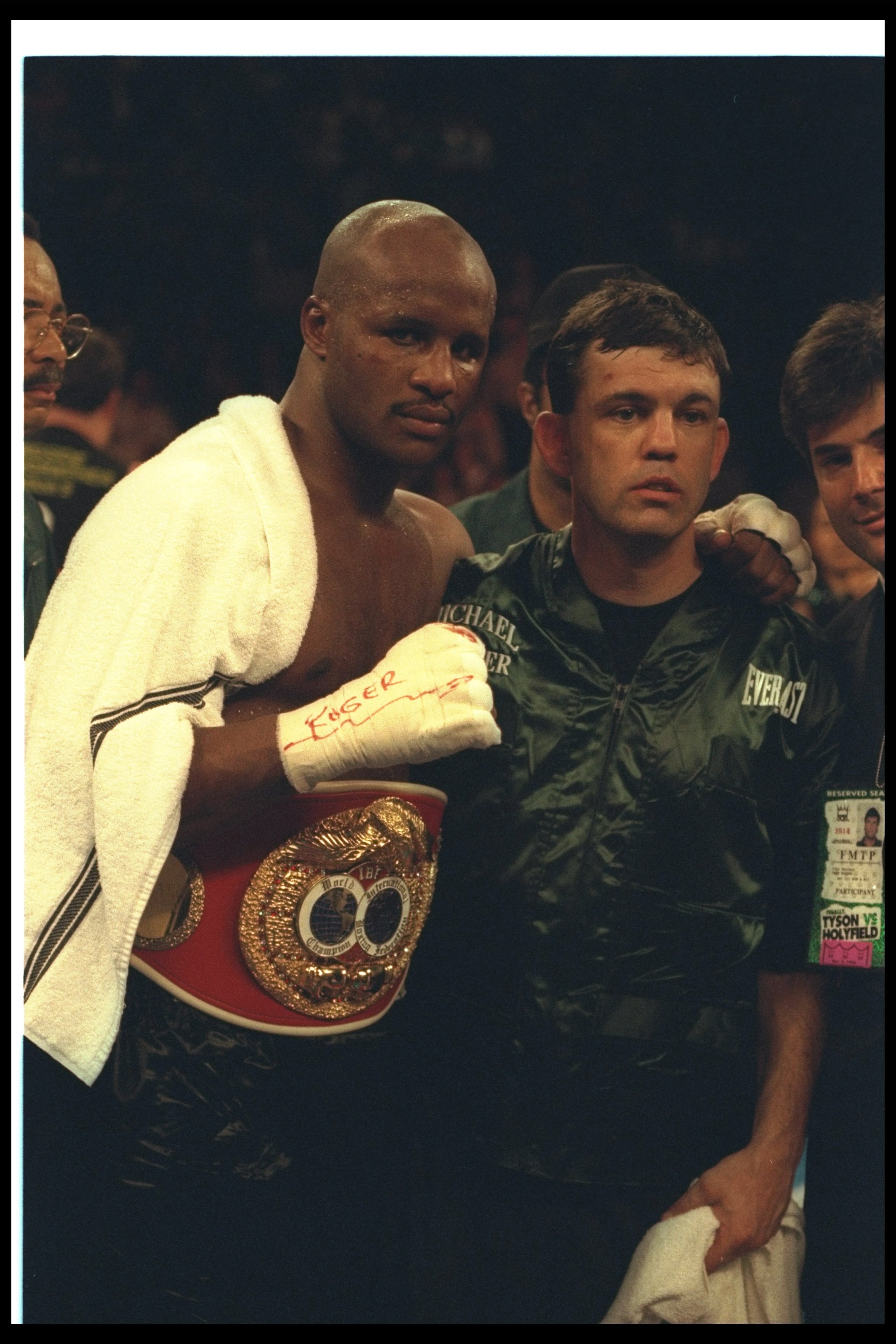 9 Nov 1996: Michael Moorer (left) poses with Teddy Atlas after a bout against Francois Botha at the MGM Grand Hotel in Las Vegas, Nevada. Moorer won the fight with a TKO in the tenth round. Mandatory Credit: Al Bello /Allsport 9 Nov 1996: Michael Moorer (left) poses with Teddy Atlas after a bout against Francois Botha at the MGM Grand Hotel in Las Vegas, Nevada. Moorer won the fight with a TKO in the tenth round. Mandatory Credit: Al Bello /Allsport
