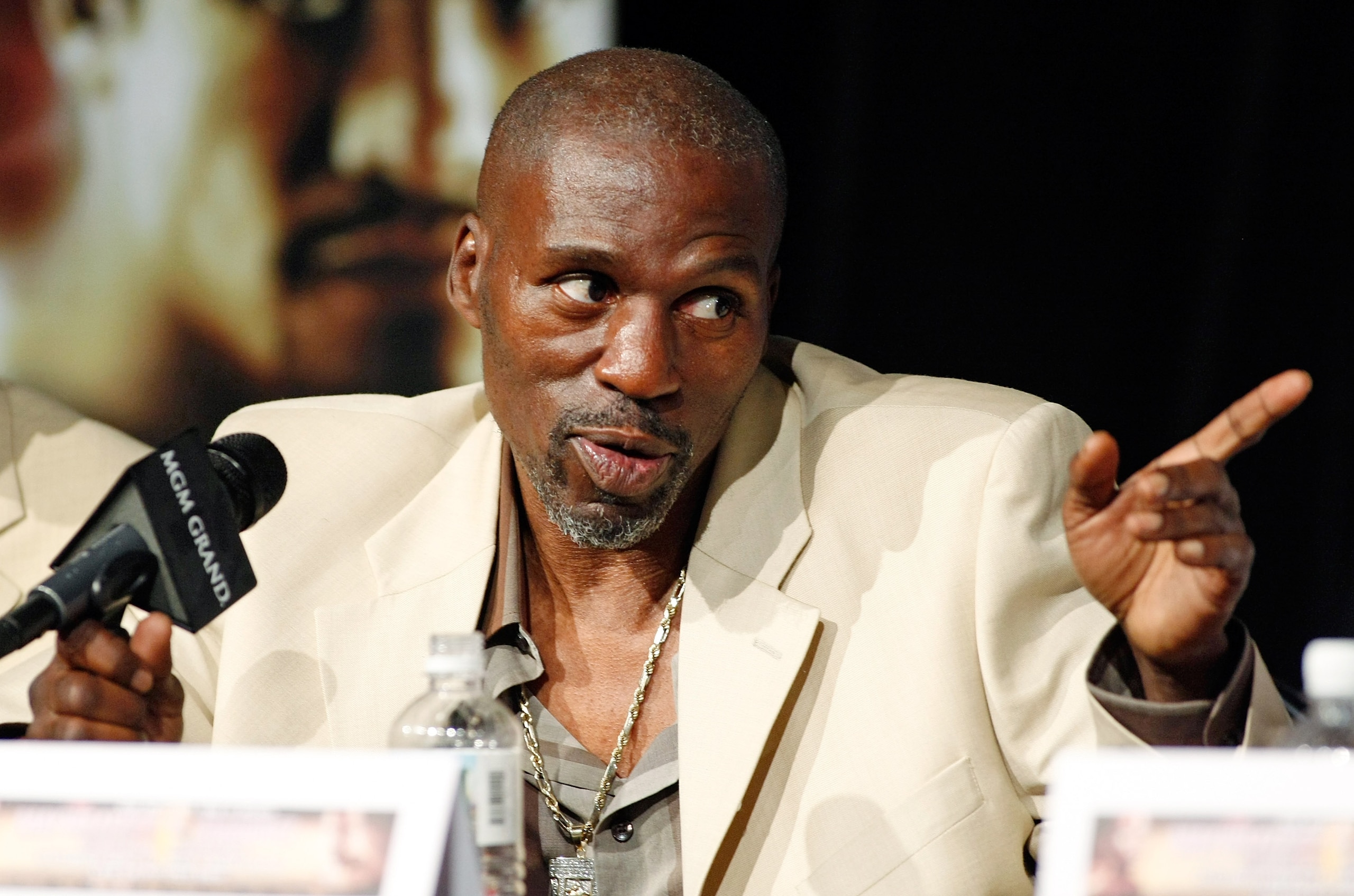 LAS VEGAS - SEPTEMBER 16: Roger Mayweather, uncle and trainer of boxer Floyd Mayweather Jr., speaks during the final news conference for their bout against Juan Manuel Marquez at the MGM Grand Hotel/Casino September 16, 2009 in Las Vegas, Nevada. Mayweat LAS VEGAS - SEPTEMBER 16: Roger Mayweather, uncle and trainer of boxer Floyd Mayweather Jr., speaks during the final news conference for their bout against Juan Manuel Marquez at the MGM Grand Hotel/Casino September 16, 2009 in Las Vegas, Nevada. Mayweat
