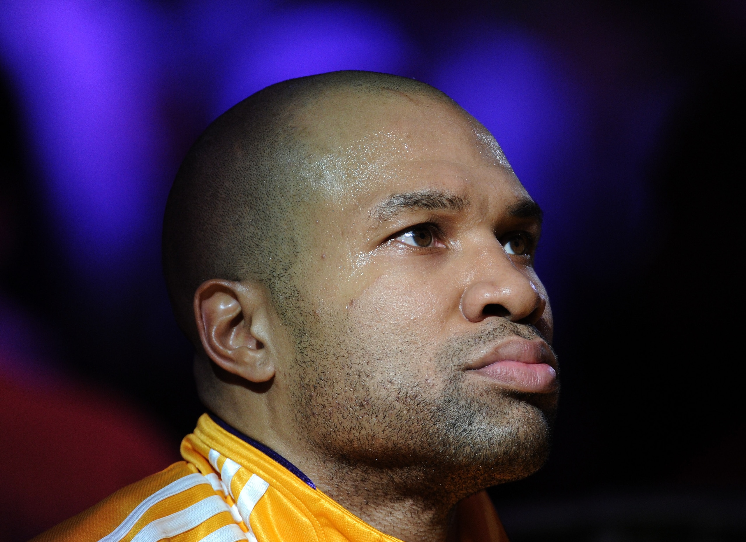 LOS ANGELES, CA - JANUARY 17:  Derek Fisher #2 of the Los Angeles Lakers waits on the bench before the game against the Oklahoma City Thunder at the Staples Center on January 17, 2011 in Los Angeles, California.  (Photo by Harry How/Getty Images)   NOTE T