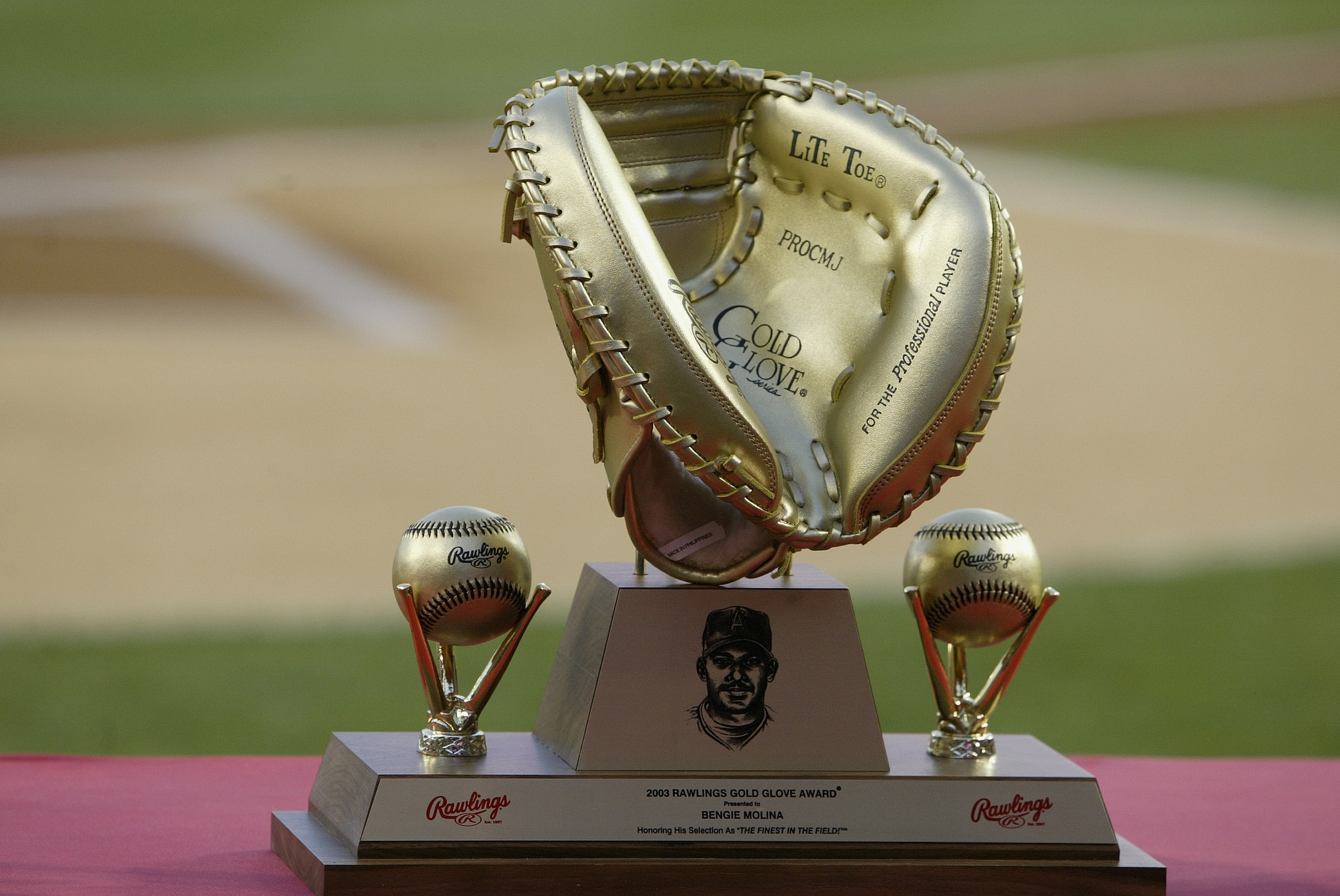 ANAHEIM, CA - APRIL 13:  The Rawling's Gold Glove Award presented to Bengie Molina #1 of the Anaheim Angels before the game against the Seattle Mariners on April 13, 2004 at Angel Stadium in Anaheim, California.  The Angels, playing in their first home ga