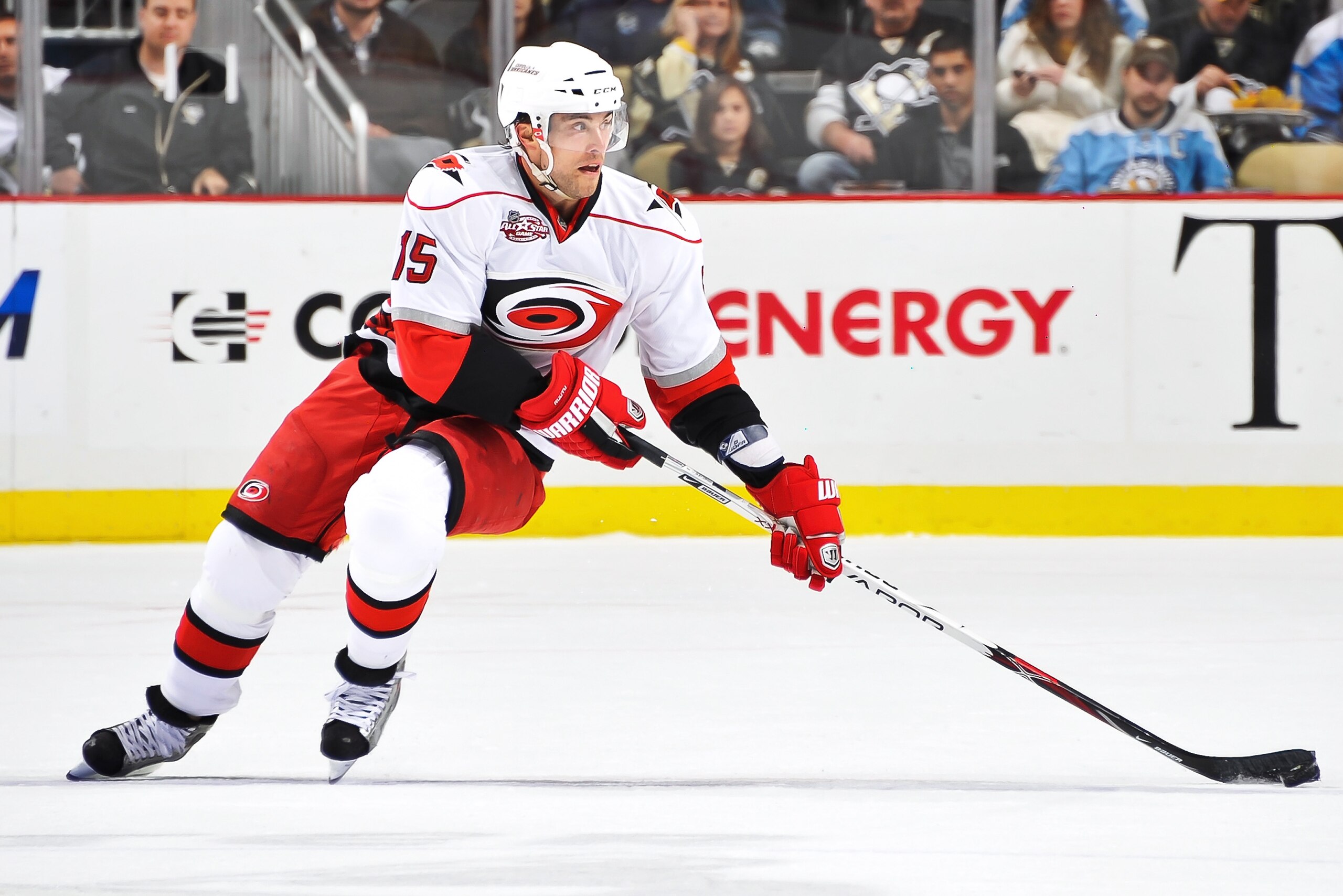 PITTSBURGH - NOVEMBER 19:  Tuomo Ruutu #15 of the Carolina Hurricanes skates with the puck against the Pittsburgh Penguins on November 19, 2010 at Consol Energy Center in Pittsburgh, Pennsylvania.  (Photo by Jamie Sabau/Getty Images)