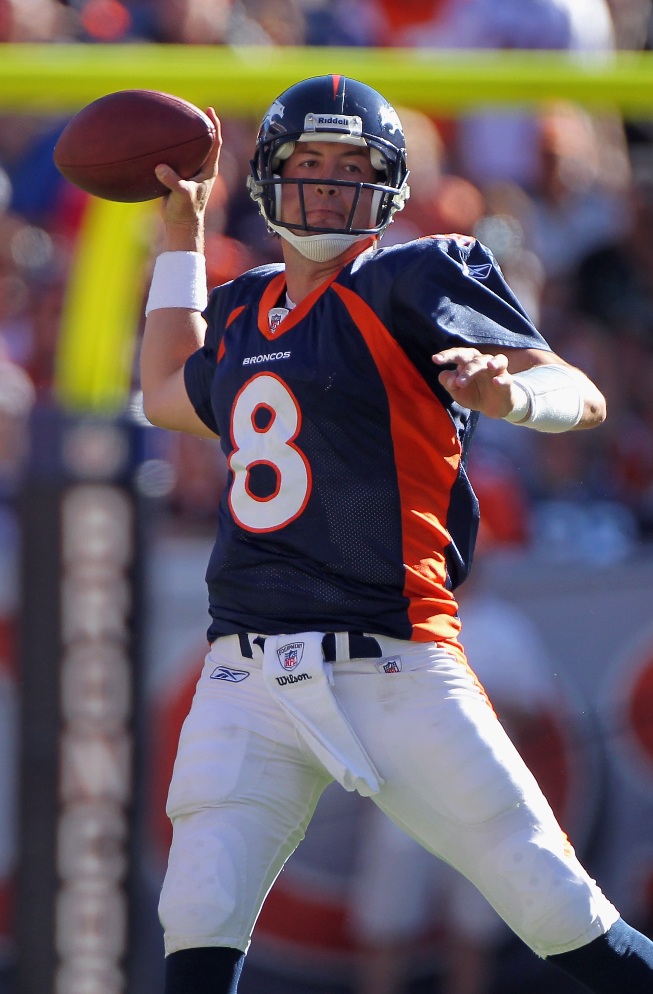 DENVER - SEPTEMBER 19:  Quarterback Kyle Orton #8 of the Denver Broncos against the Seattle Seahawks at INVESCO Field at Mile High on September 19, 2010 in Denver, Colorado. The Broncos defeated the Seahawks 31-14.  (Photo by Doug Pensinger/Getty Images)