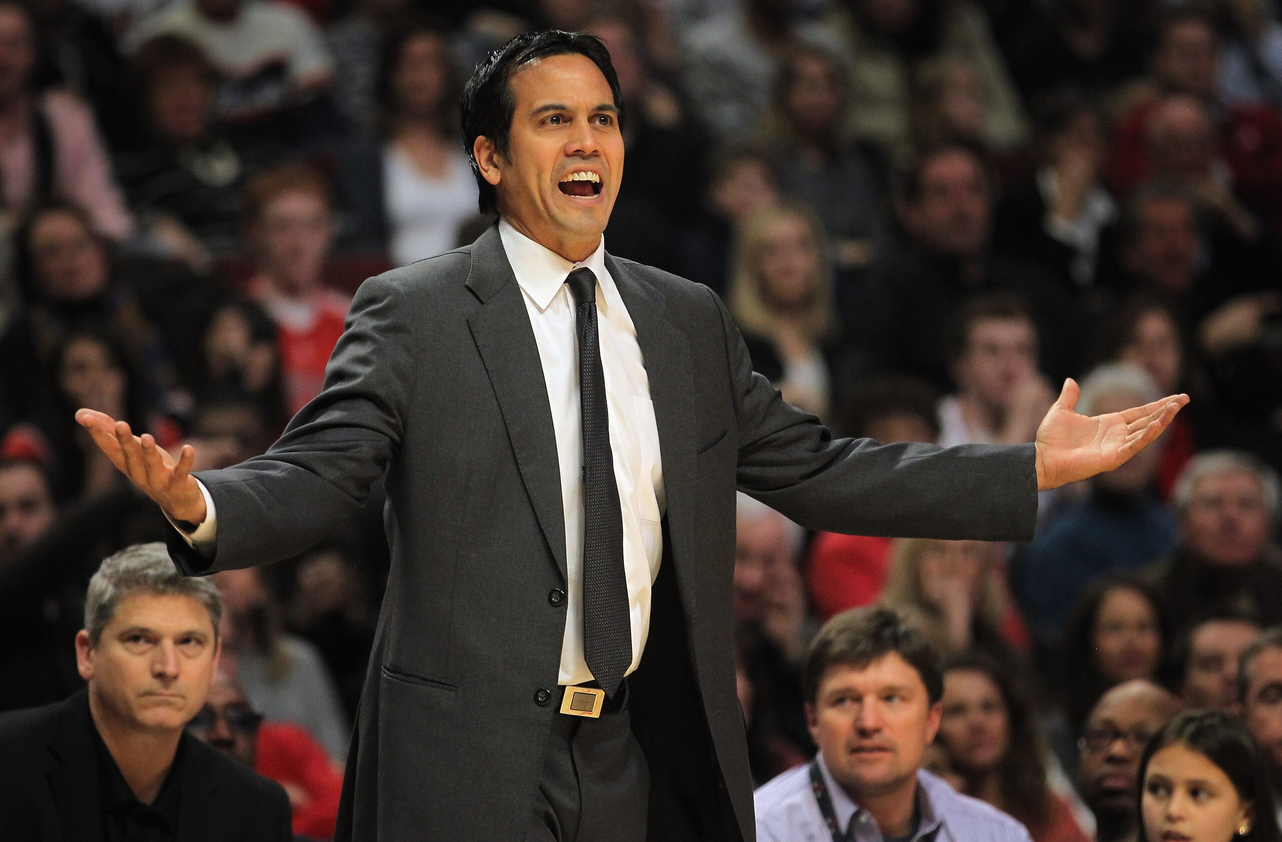 CHICAGO, IL - JANUARY 15:  Head coach Erik Spoelstra of the Miami Heat reacts to a call as he leads the Heat against the Chicago Bulls at the United Center on January 15, 2011 in Chicago, Illinois. NOTE TO USER: User expressly acknowledges and agrees that