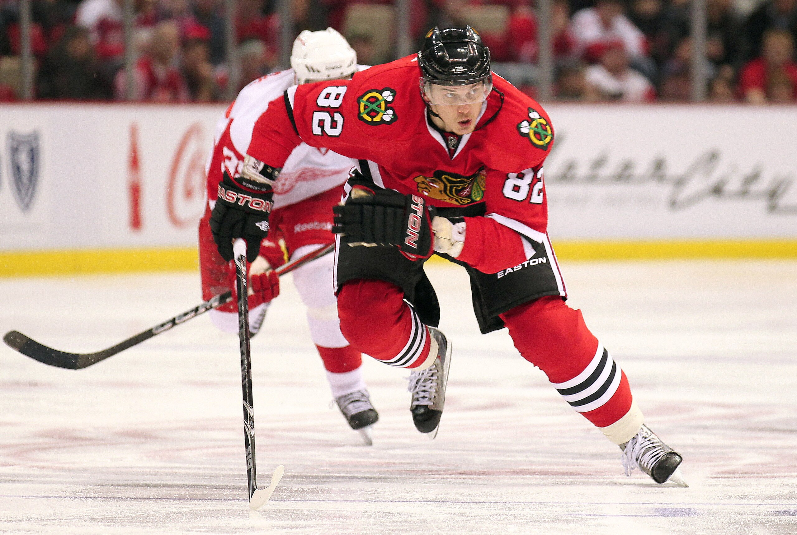 DETROIT, MI - JANUARY 22:  Tomas Kopecky #82 of the Chicago Black Hawks skates in a game against the Detroit Red Wings on January 22, 2011 at the Joe Louis Arena in Detroit, Michigan. The Hawks defeated the Wings 4-1. (Photo by Claus Andersen/Getty Images