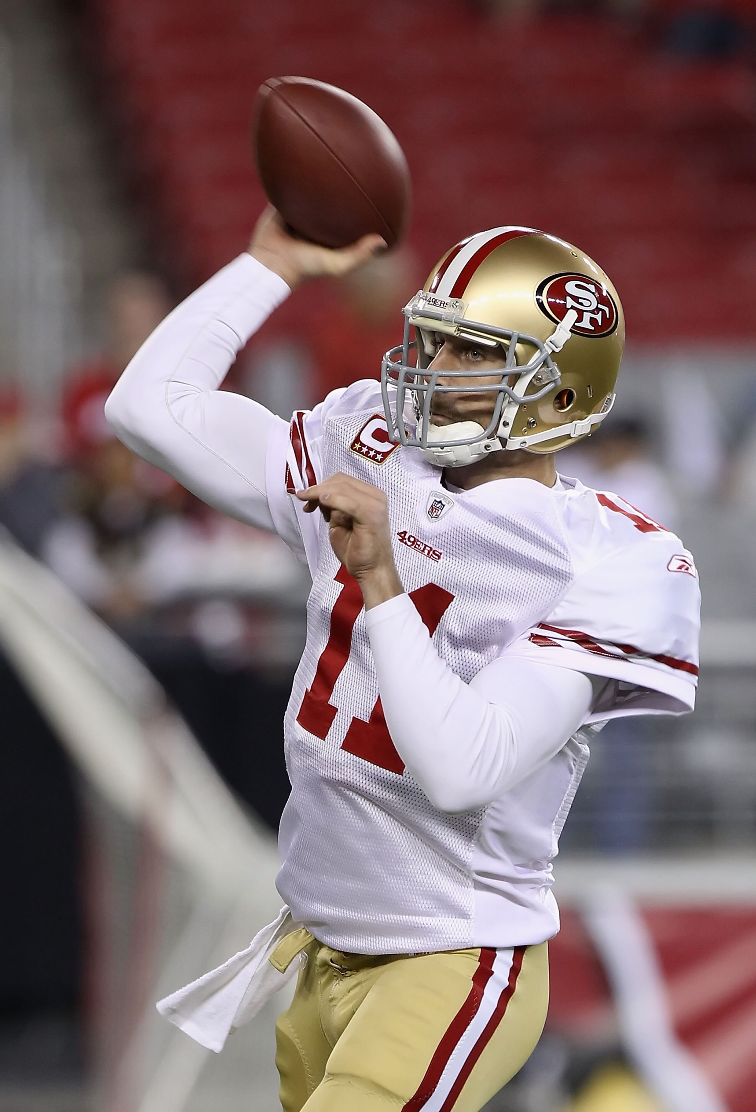 GLENDALE, AZ - NOVEMBER 29: Quarterback Alex Smith #1 of the San Francisco 49ers warms up before the NFL game against the Arizona Cardinals at the University of Phoenix Stadium on November 29, 2010 in Glendale, Arizona. The 49ers defeated the Cardinals 2 GLENDALE, AZ - NOVEMBER 29: Quarterback Alex Smith #1 of the San Francisco 49ers warms up before the NFL game against the Arizona Cardinals at the University of Phoenix Stadium on November 29, 2010 in Glendale, Arizona. The 49ers defeated the Cardinals 2