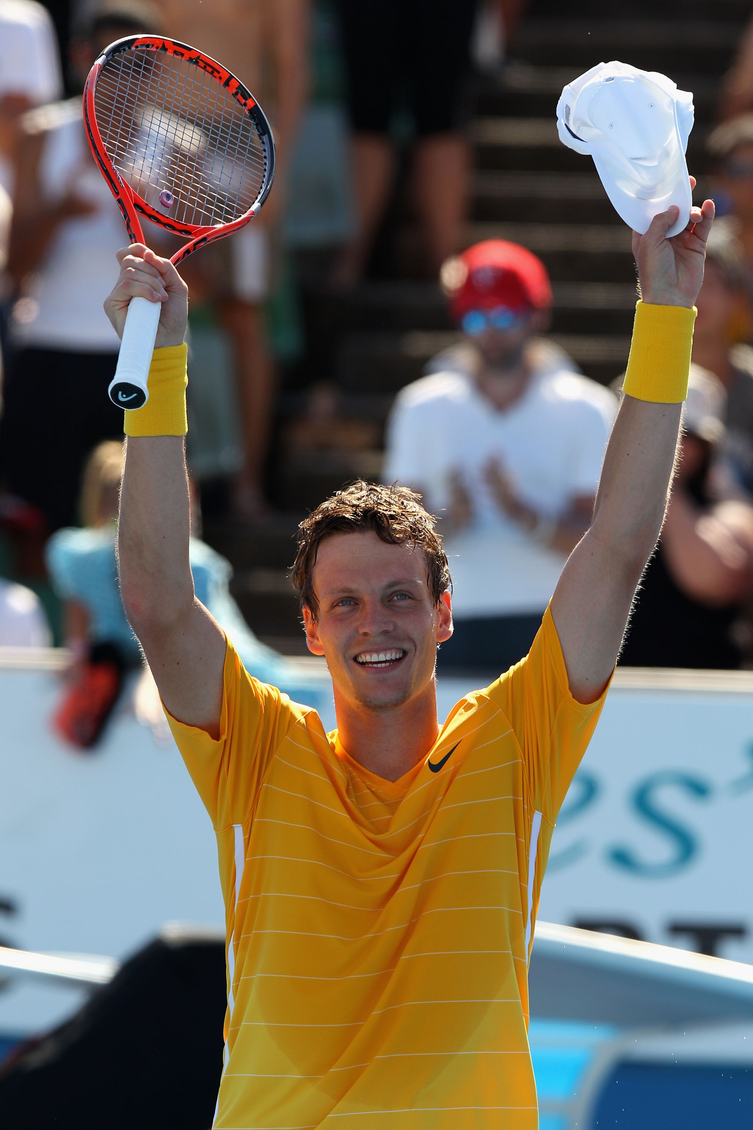 MELBOURNE, AUSTRALIA - JANUARY 23:  Tomas Berdych of the Czech Republic celebrates winning his fourth round match against Fernando Verdasco of Spain during day seven of the 2011 Australian Open at Melbourne Park on January 23, 2011 in Melbourne, Australia