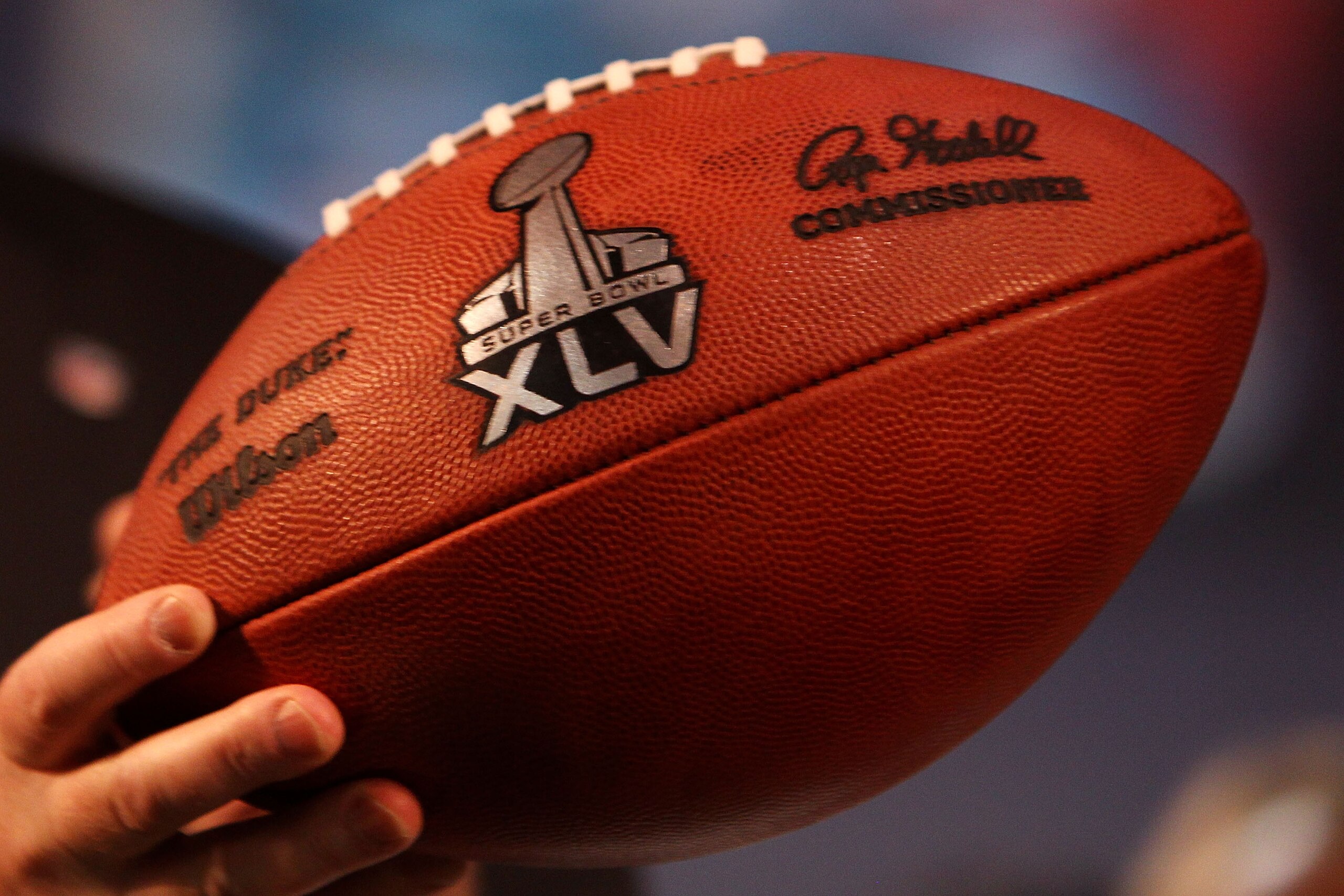 FORT LAUDERDALE, FL - FEBRUARY 04:  A football with the new Super Bowl logo is unveiled during a press conference held at the Fort Lauderdale Convention Center as part of media week for Super Bowl XLIV on February 4, 2010 in Fort Lauderdale, Florida.  (Ph