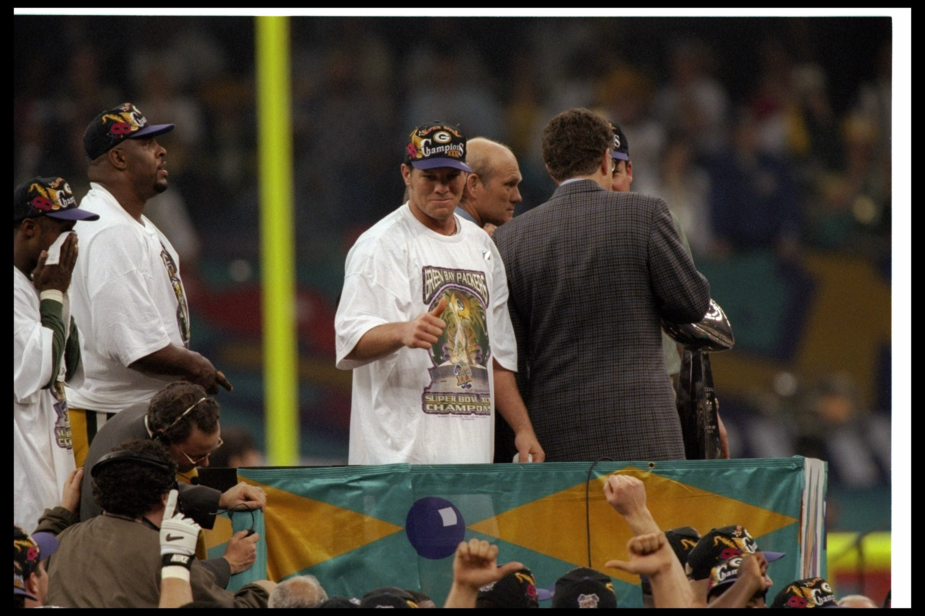 26 Jan 1997:  Quarterback Brett Favre of the Green Bay Packers celebrates after Super Bowl XXXI against the New England Patriots at the Superdome in New Orleans, Louisiana.  The Packers won the game, 35-21. Mandatory Credit: Brian Bahr  /Allsport