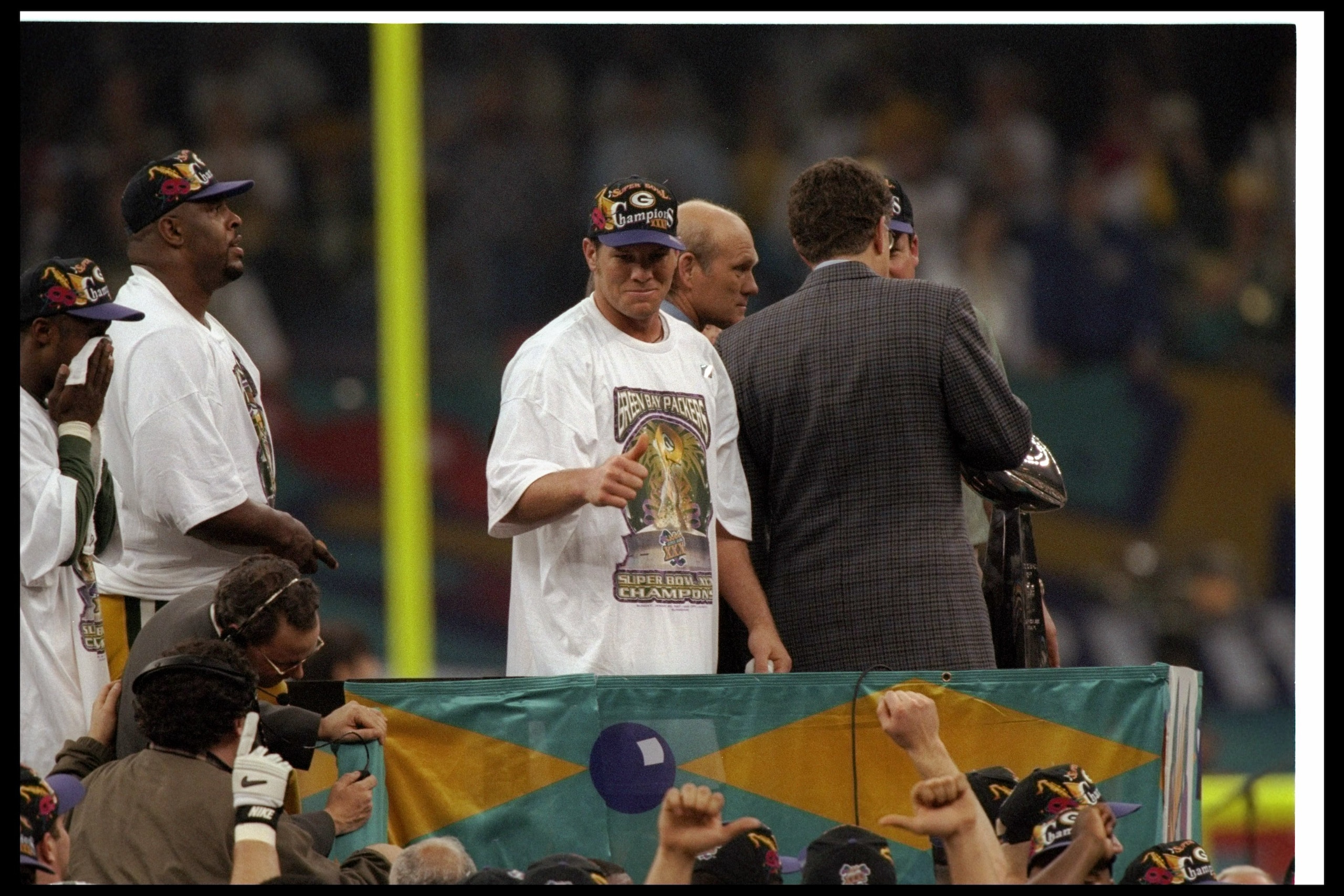 26 Jan 1997:  Quarterback Brett Favre of the Green Bay Packers celebrates after Super Bowl XXXI against the New England Patriots at the Superdome in New Orleans, Louisiana.  The Packers won the game, 35-21. Mandatory Credit: Brian Bahr  /Allsport