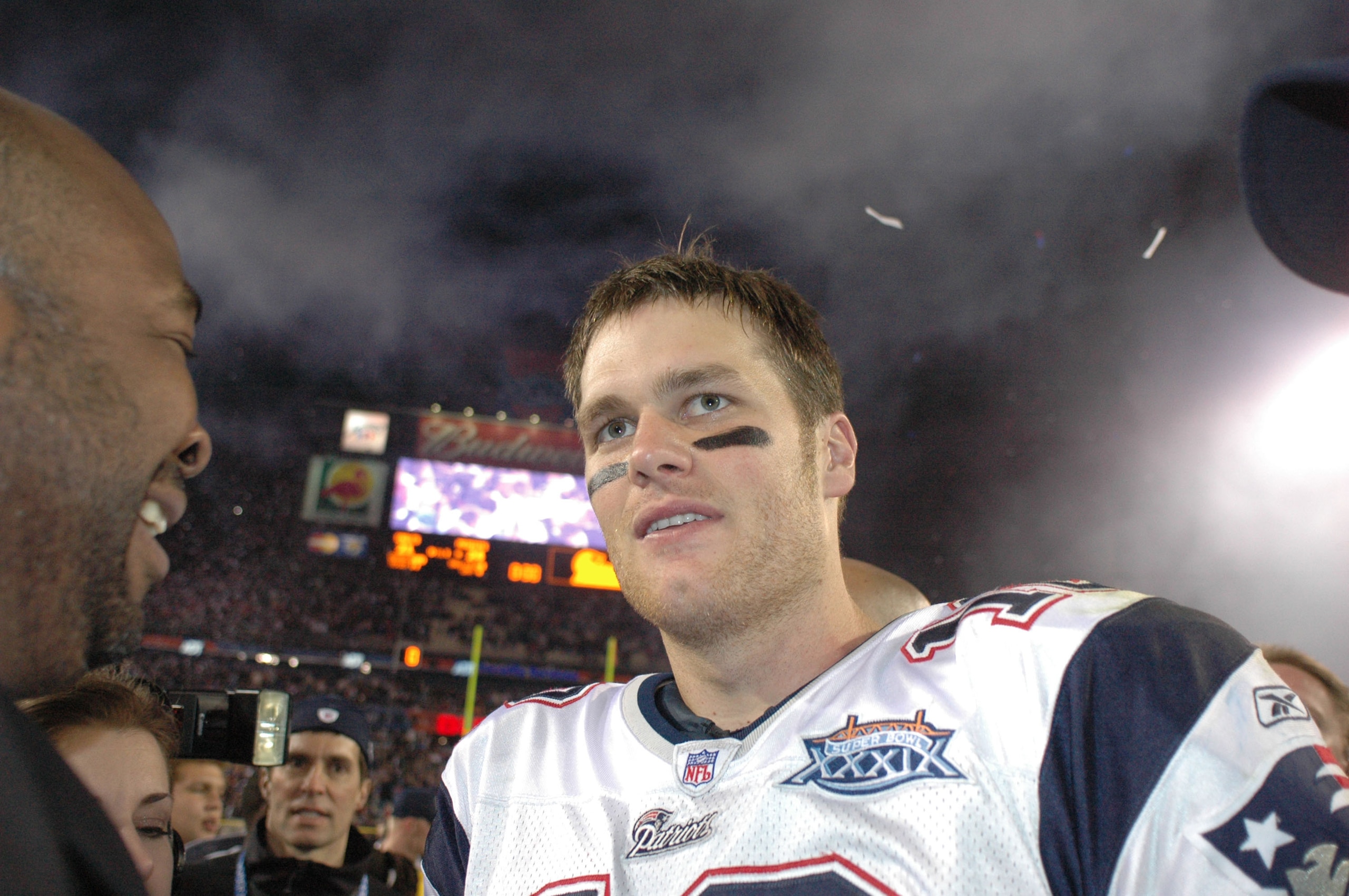 New England Patriots QB Tom Brady #12 being interviewed after the Patriots beat the Eagles in Super Bowl XXXIX between the Philadelphia Eagles and the New England Patriots at Alltel Stadium in Jacksonville, Florida on February 6, 2005.  (Photo by Al Messe