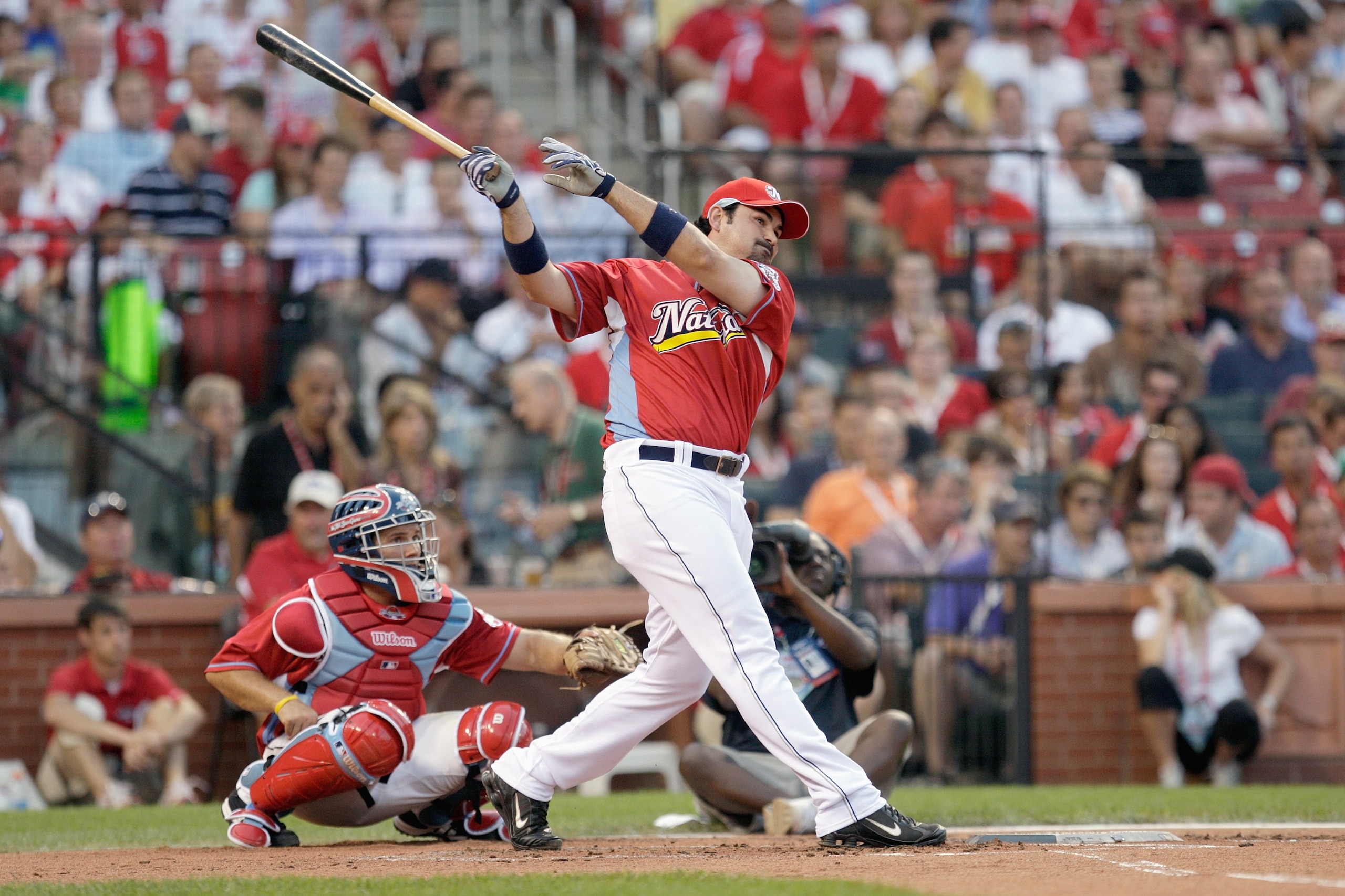 ST LOUIS, MO - JULY 13: National League All-Star Adrian Gonzalez of the San Diego Padres competes in the State Farm Home Run Derby at Busch Stadium on July 13, 2009 in St. Louis, Missouri. (Photo by Jamie Squire/Getty Images)