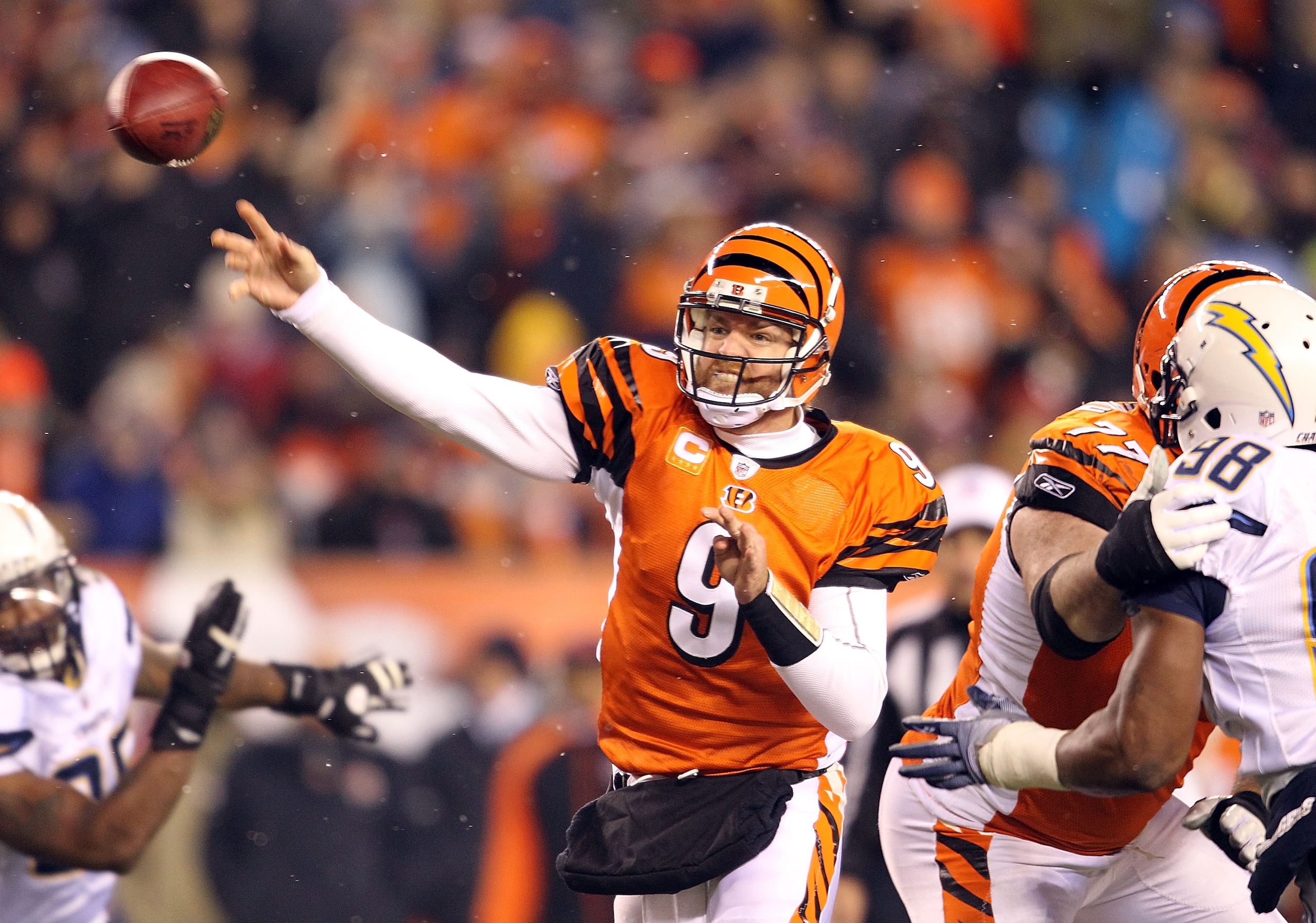 CINCINNATI - DECEMBER 26: Carson Palmer #9 of the Cincinnati Bengals throws a pass during the NFL game against the San Diego Chargers at Paul Brown Stadium on December 26, 2010 in Cincinnati, Ohio. The Bengals 34-20. (Photo by Andy Lyons/Getty Images) CINCINNATI - DECEMBER 26: Carson Palmer #9 of the Cincinnati Bengals throws a pass during the NFL game against the San Diego Chargers at Paul Brown Stadium on December 26, 2010 in Cincinnati, Ohio. The Bengals 34-20. (Photo by Andy Lyons/Getty Images)