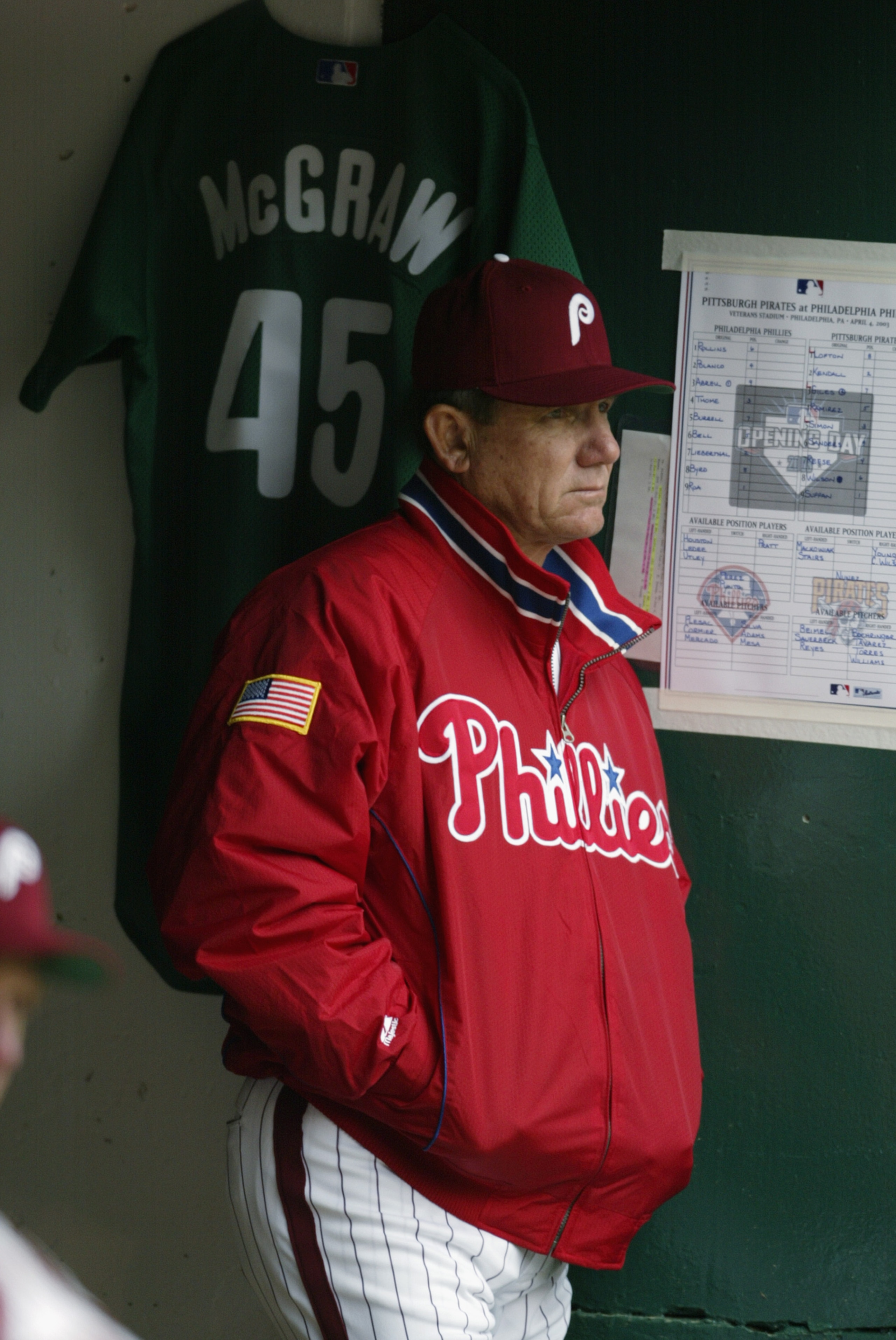 PHILADELPHIA - APRIL 4:  Manager Larry Bowa of the Philadelphia Phillies stands next to the jersey of former player Tug McGraw during the game against the Pittsburgh Pirates at Veterans Stadium on April 4, 2003 in Philadelphia, Pennsylvania.  McGraw had s