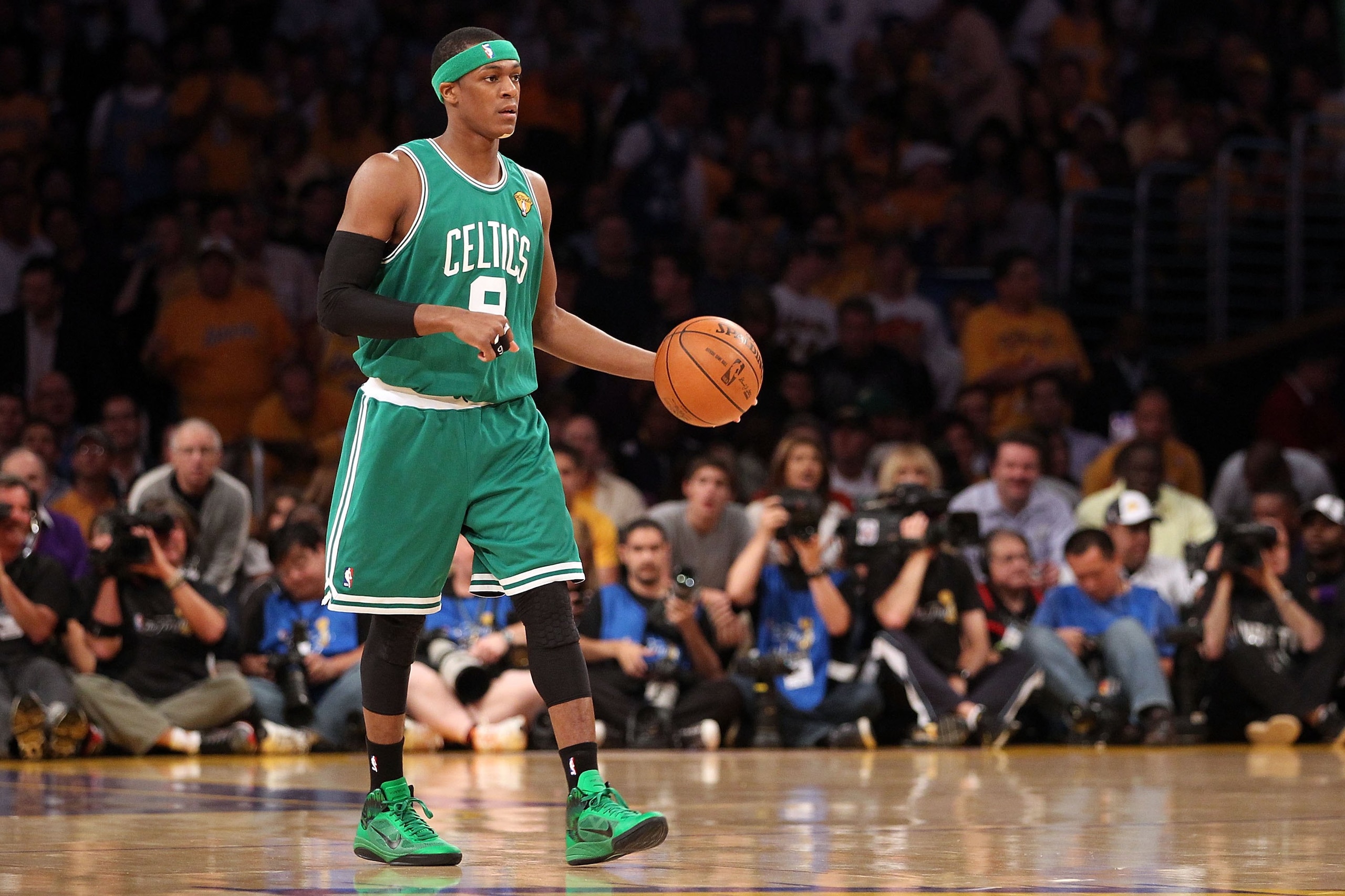 LOS ANGELES, CA - JUNE 17:  Rajon Rondo #9 of the Boston Celtics moves the ball while taking on the Los Angeles Lakers in Game Seven of the 2010 NBA Finals at Staples Center on June 17, 2010 in Los Angeles, California.  NOTE TO USER: User expressly acknow