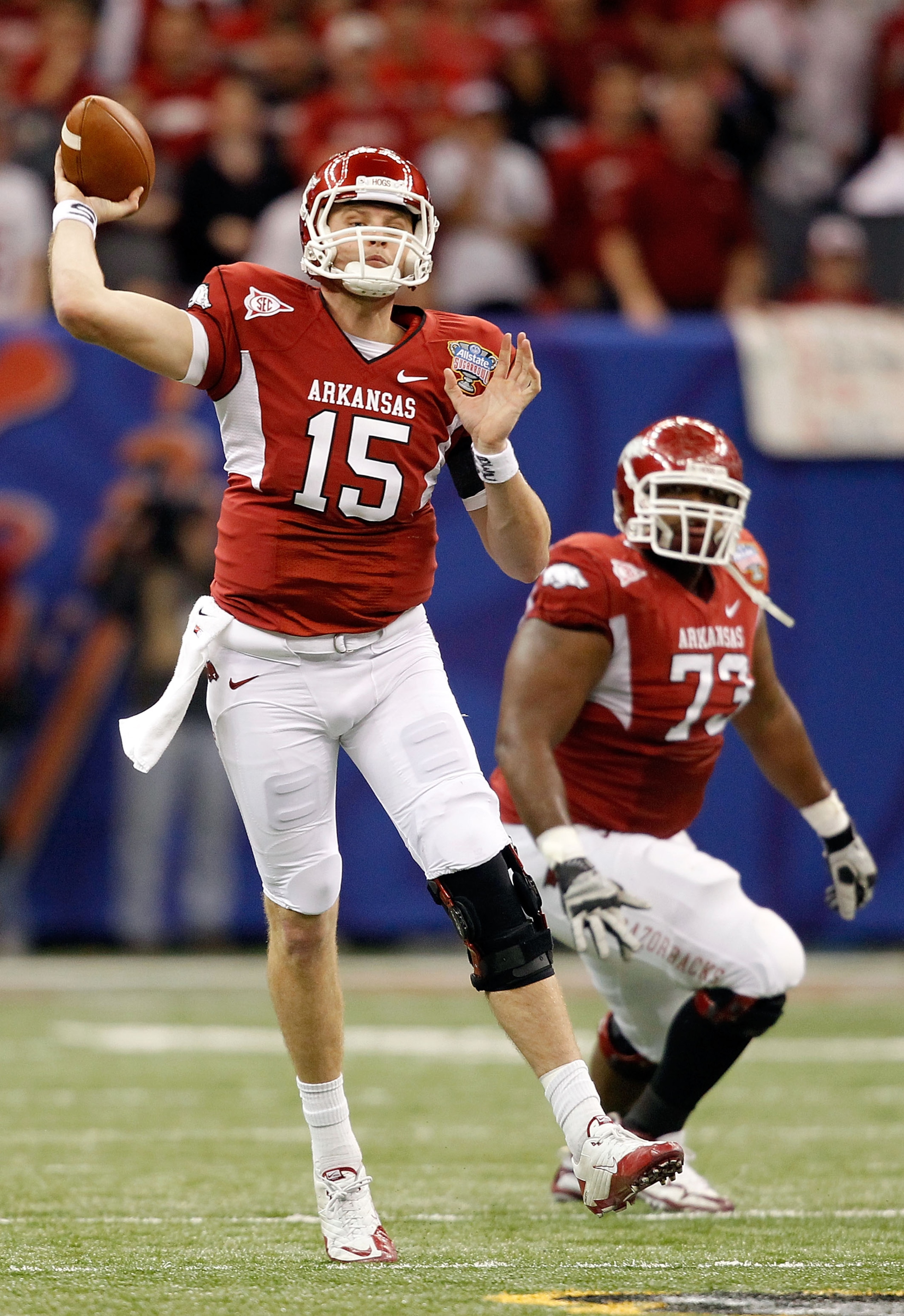 NEW ORLEANS, LA - JANUARY 04: Ryan Mallett #15 of the Arkansas Razorbacks looks to pass in the first half against the Ohio State Buckeyes during the Allstate Sugar Bowl at the Louisiana Superdome on January 4, 2011 in New Orleans, Louisiana. (Photo by M NEW ORLEANS, LA - JANUARY 04: Ryan Mallett #15 of the Arkansas Razorbacks looks to pass in the first half against the Ohio State Buckeyes during the Allstate Sugar Bowl at the Louisiana Superdome on January 4, 2011 in New Orleans, Louisiana. (Photo by M